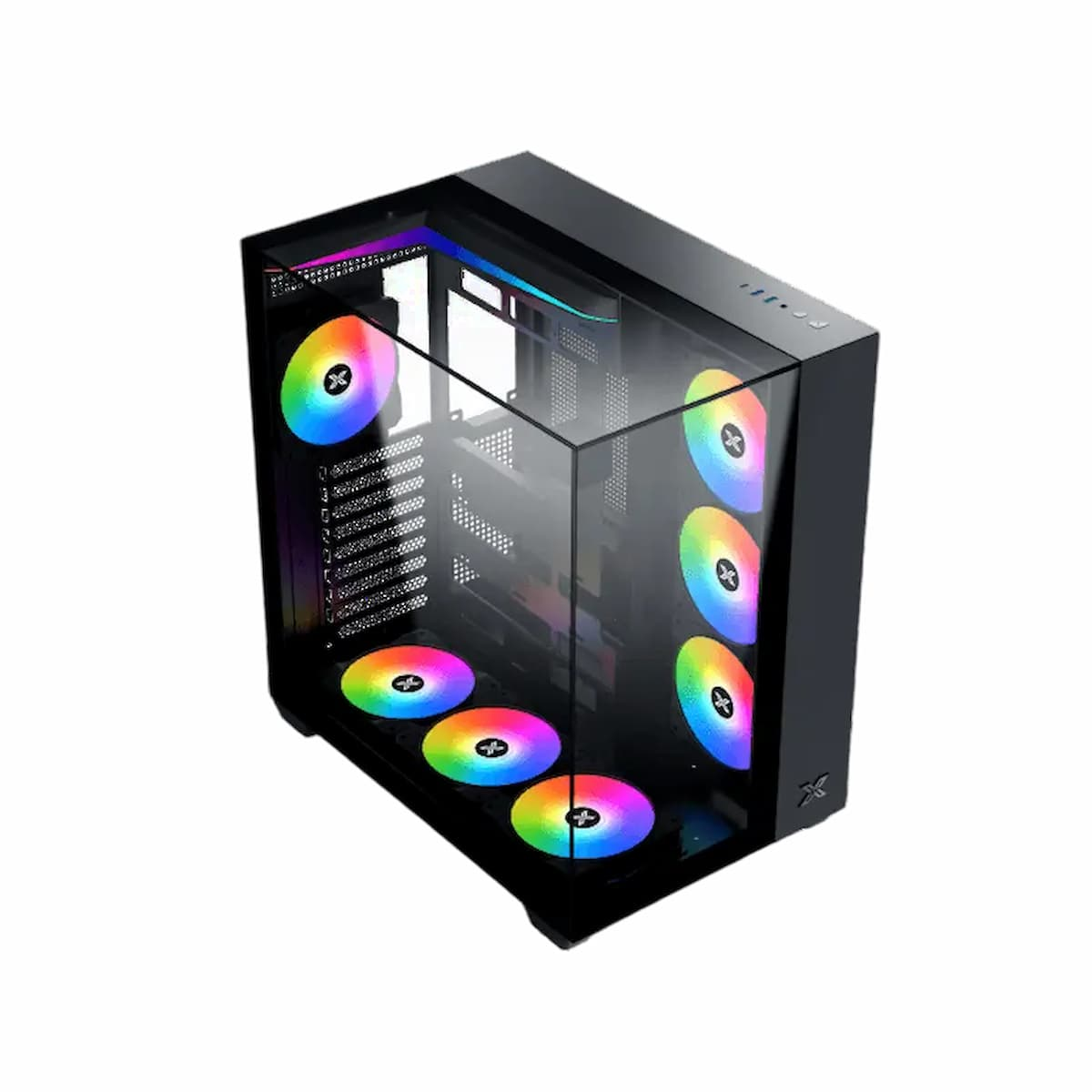 Case per computer nero con pannello in vetro e ventole colorate. Contiene più ventole arcobaleno e il logo X.
