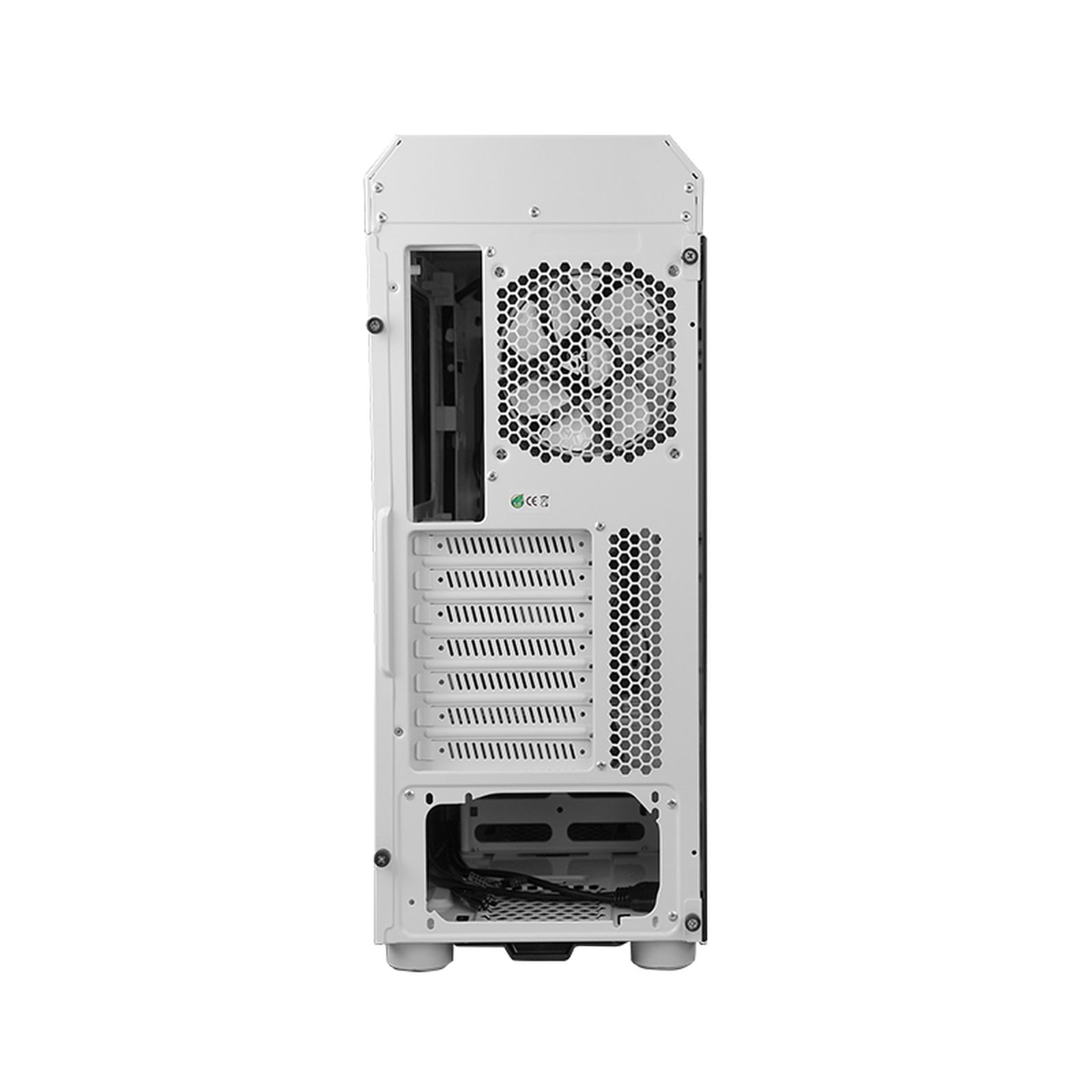 Retro di un case per computer bianco. Ha una ventola, più slot e un motivo a nido d'ape.