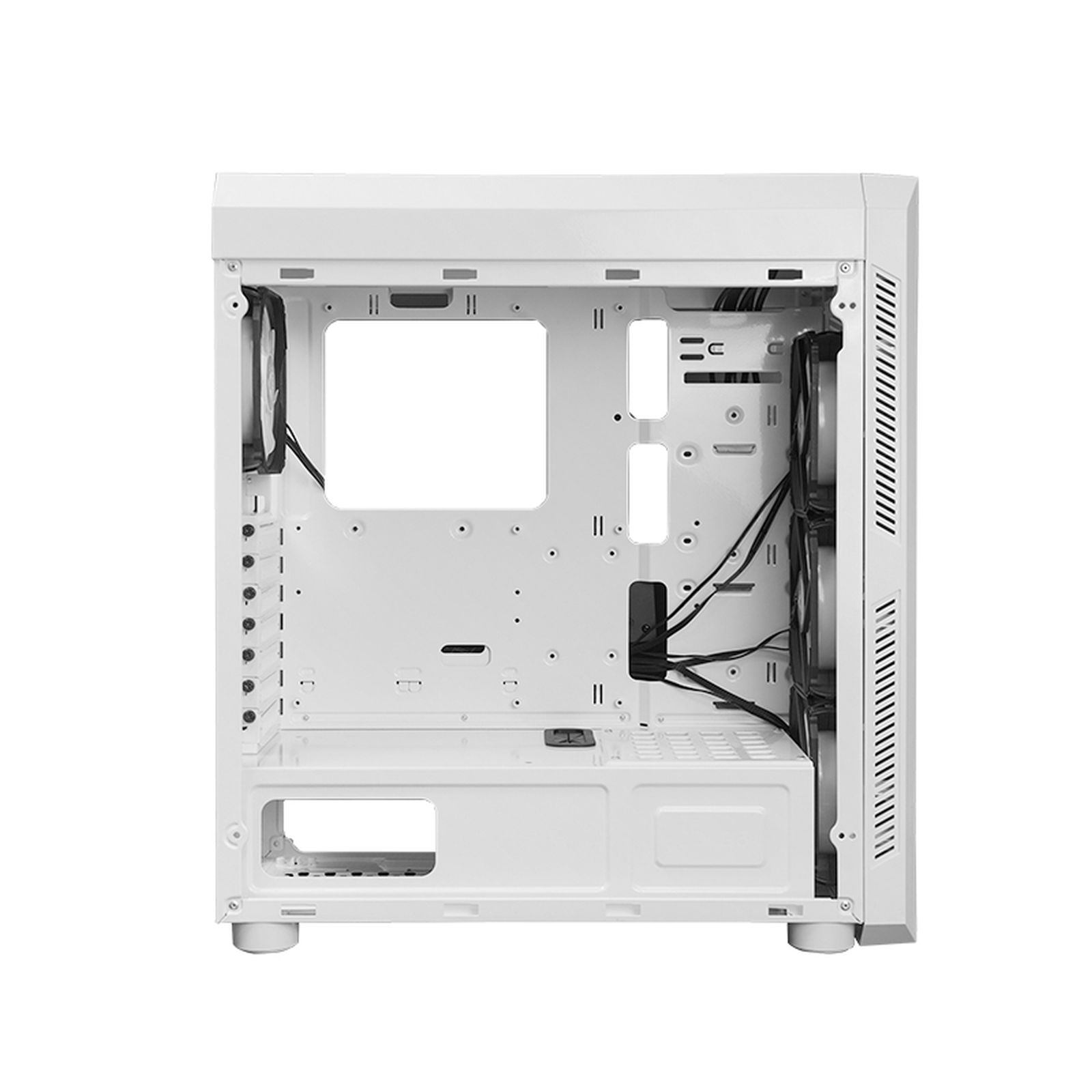 Un case per computer bianco, aperto, mostra i componenti interni, tra cui ventola e punti di montaggio. Il case è su sfondo bianco.