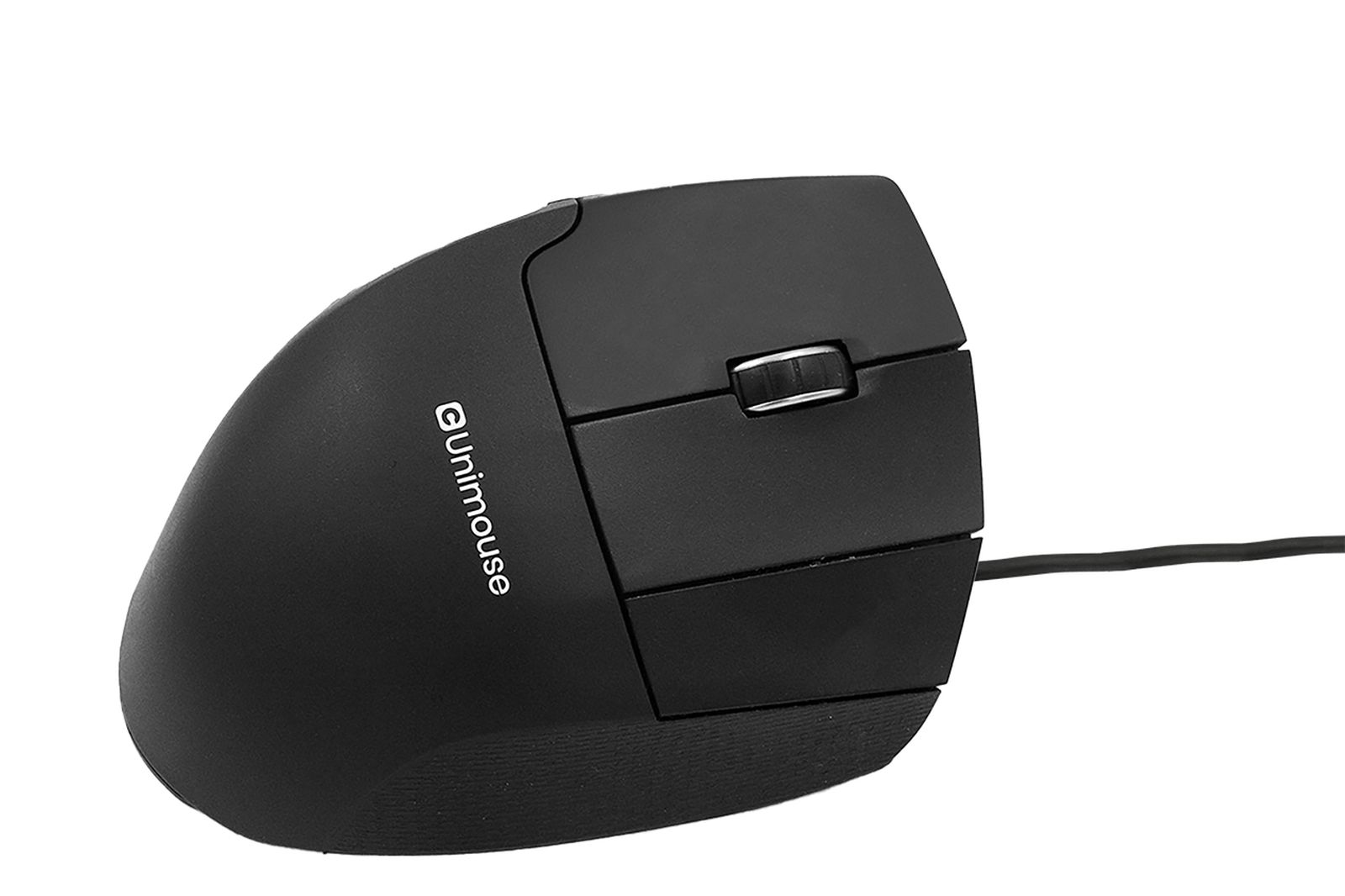 Black Unimouse ergonomic mouse. It is set against a white background, with a black cable extending from it.