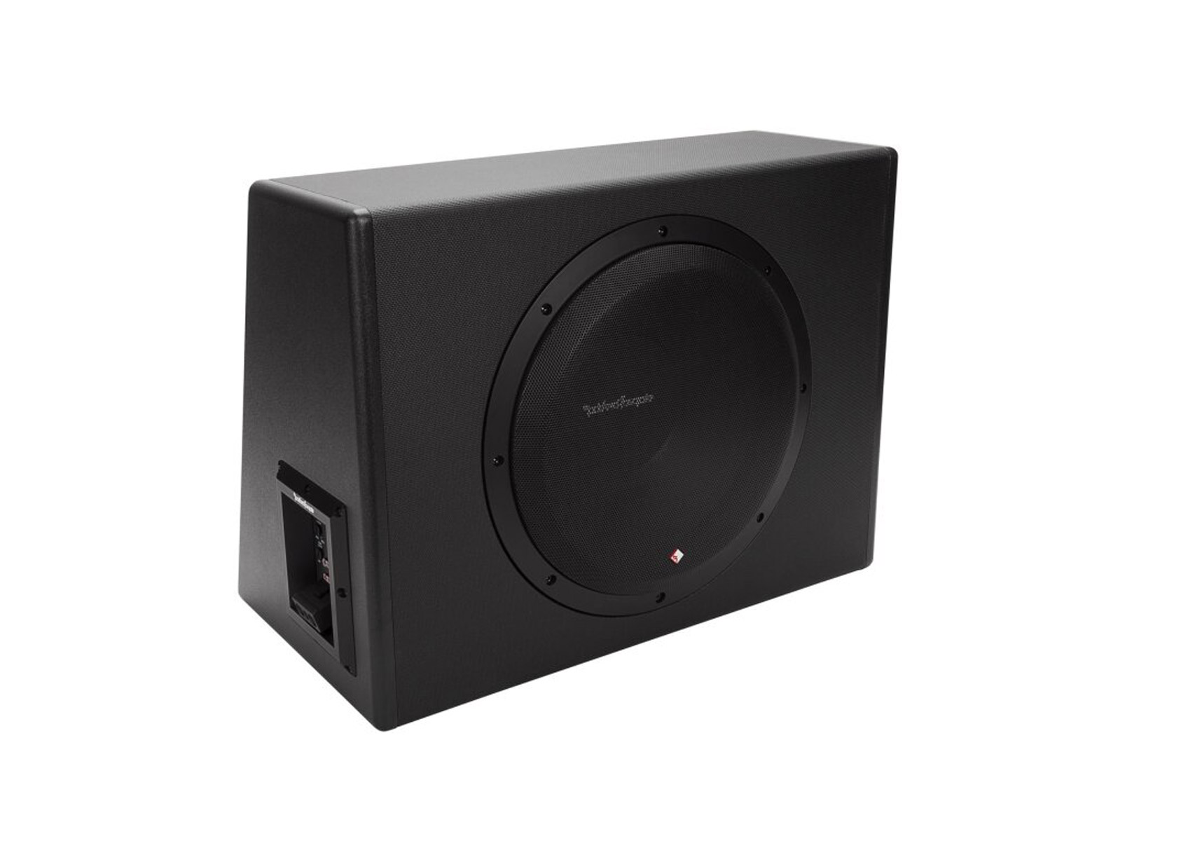 Schwarzer Subwoofer auf weißem Hintergrund. Er hat einen runden Lautsprecher und eine rechteckige Form.