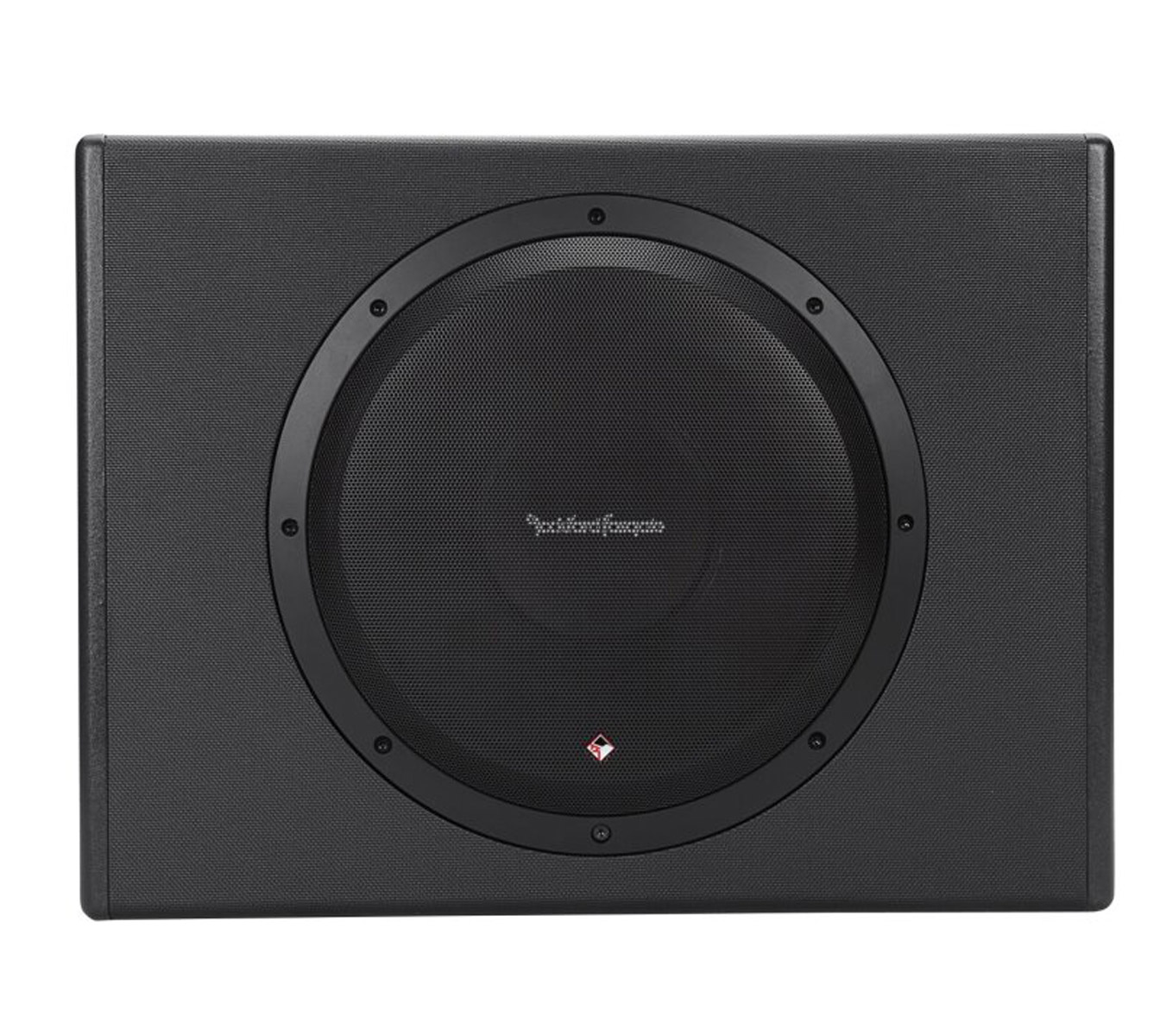 Ein rechteckiger schwarzer Subwoofer mit einem kreisförmigen Lautsprecher. Der Lautsprecher hat ein Mesh-Gitter.