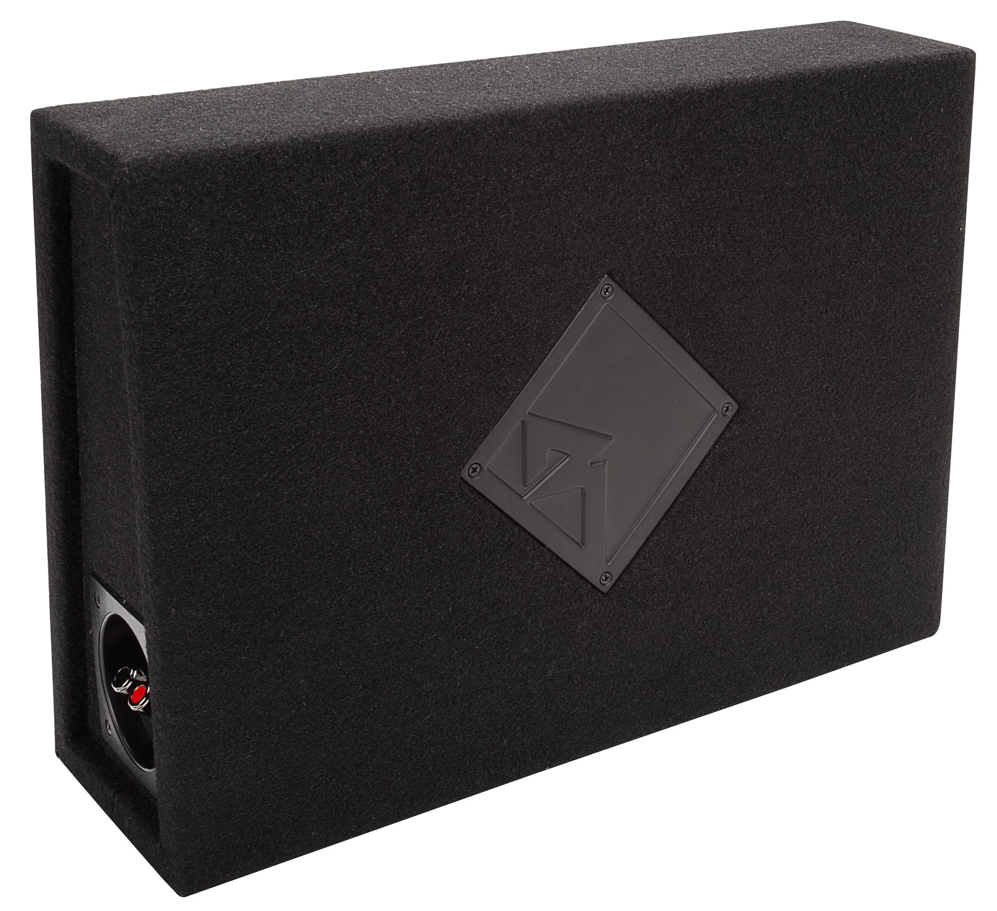 Schwarze Subwoofer-Box mit Metalllogo. Sie hat einen Anschluss und Klemmen an der Seite.