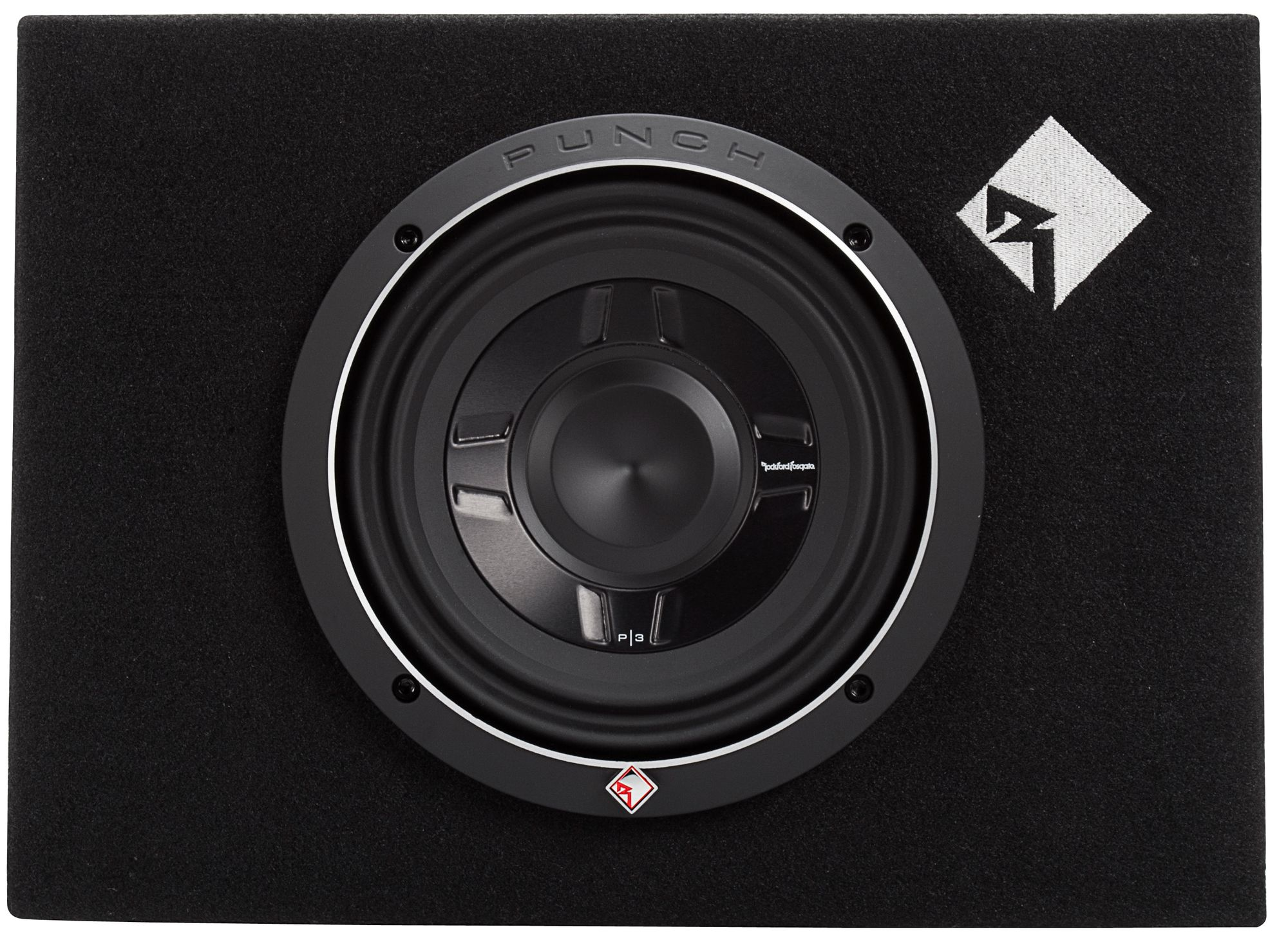 Ein schwarzer Subwoofer in einer schwarzen Box. Er hat einen runden Lautsprecher, silberne Zierleisten und ein Rockford Fosgate-Logo.