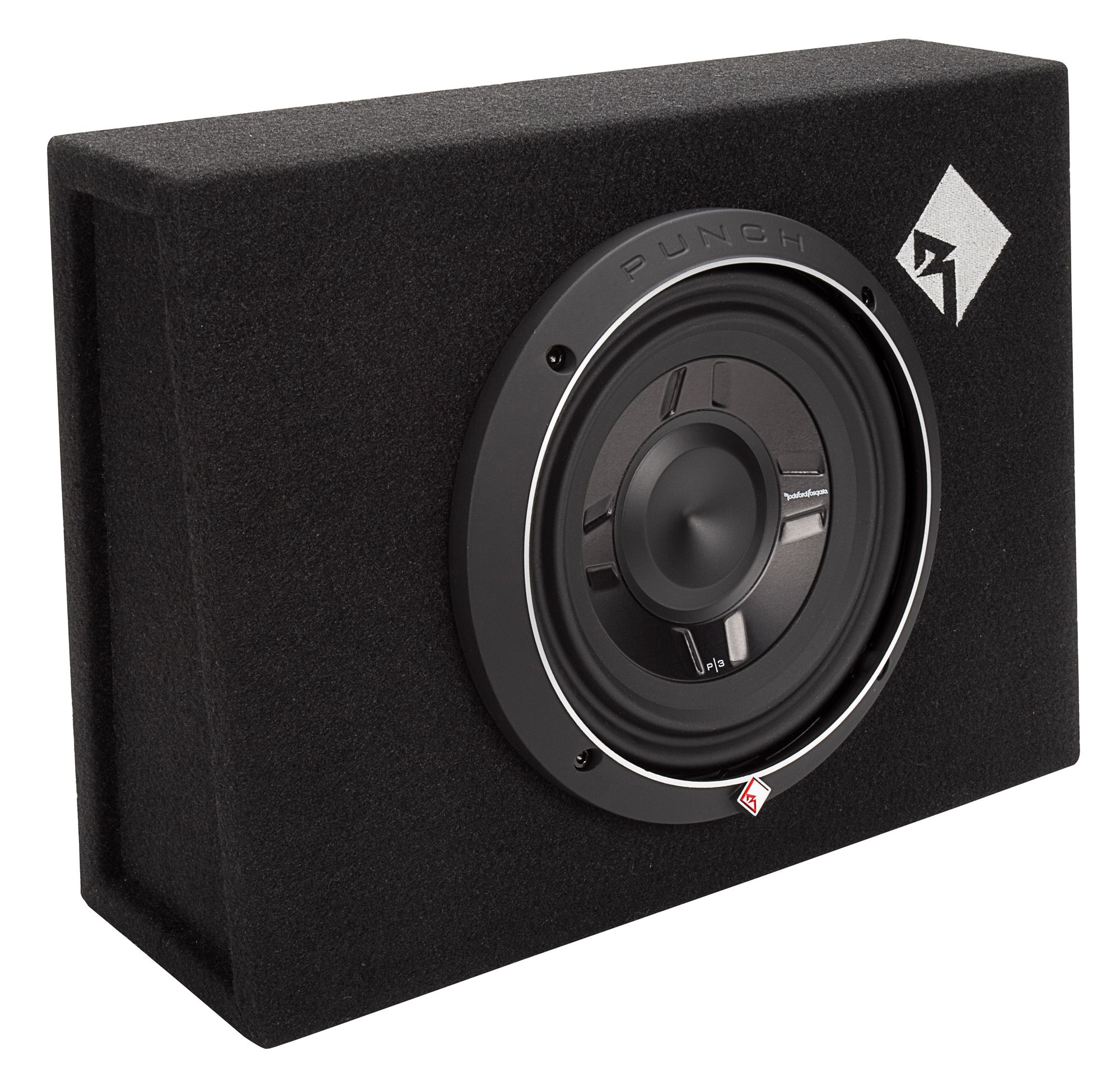 Schwarze Subwoofer-Box mit Lautsprecher. Hat das Wort PUNCH auf dem Lautsprecher. Das Logo befindet sich an der Seite der Box.