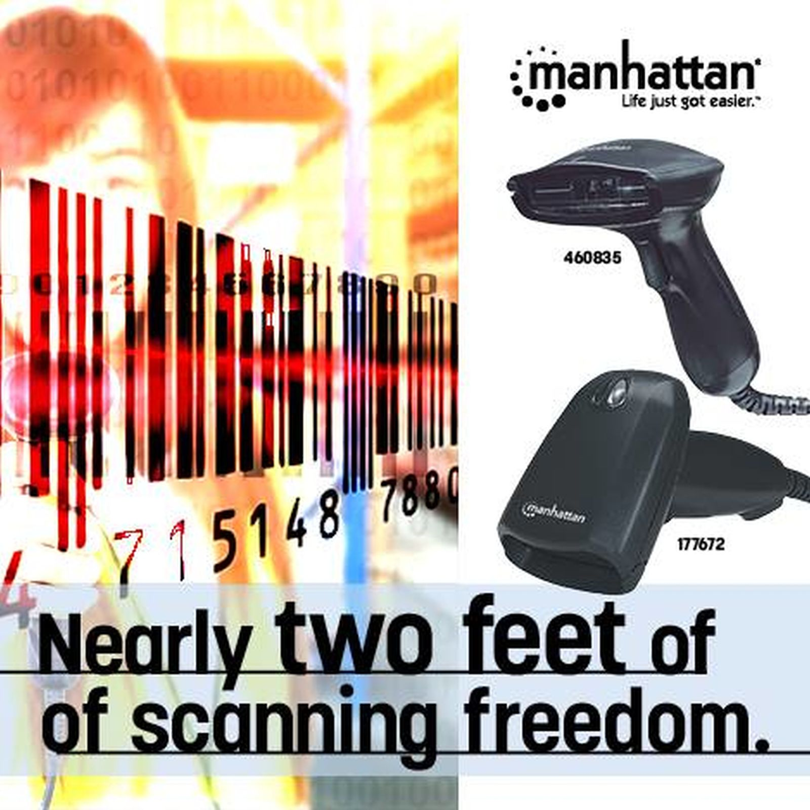L'immagine mostra un codice a barre, scanner di codici a barre e lo slogan 'Quasi due piedi di libertà di scansione'.