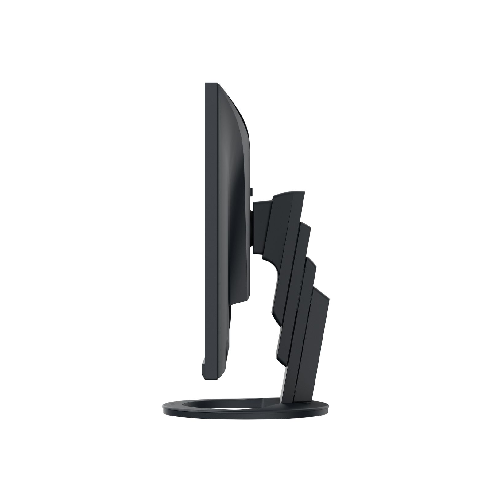 Side view of a black computer monitor. The screen, stand, and base are black against a white background.