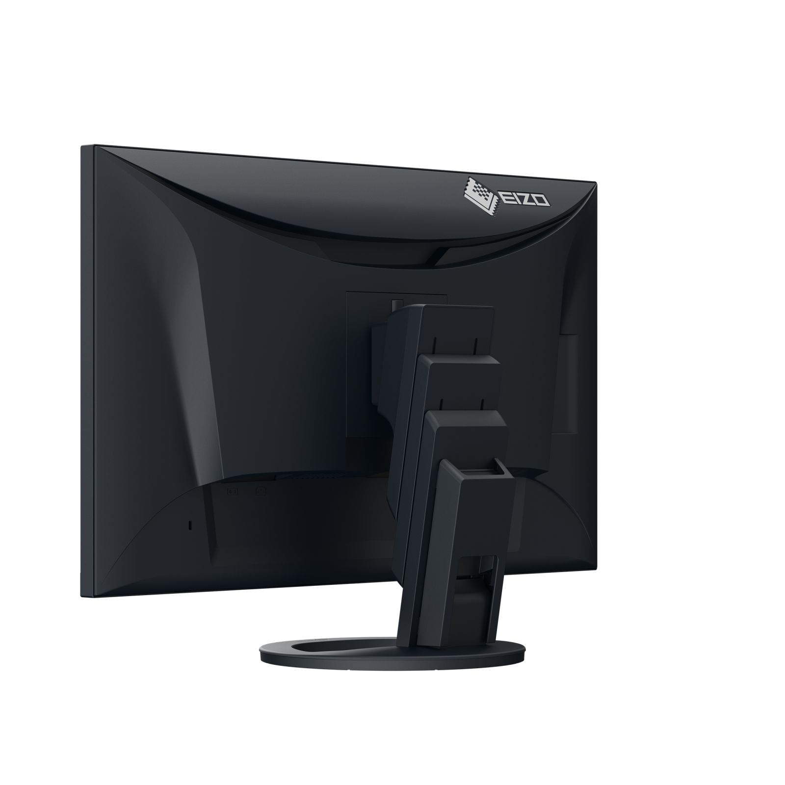 A black computer monitor, with the back facing the viewer. It has a stand and the EIZO logo is visible.