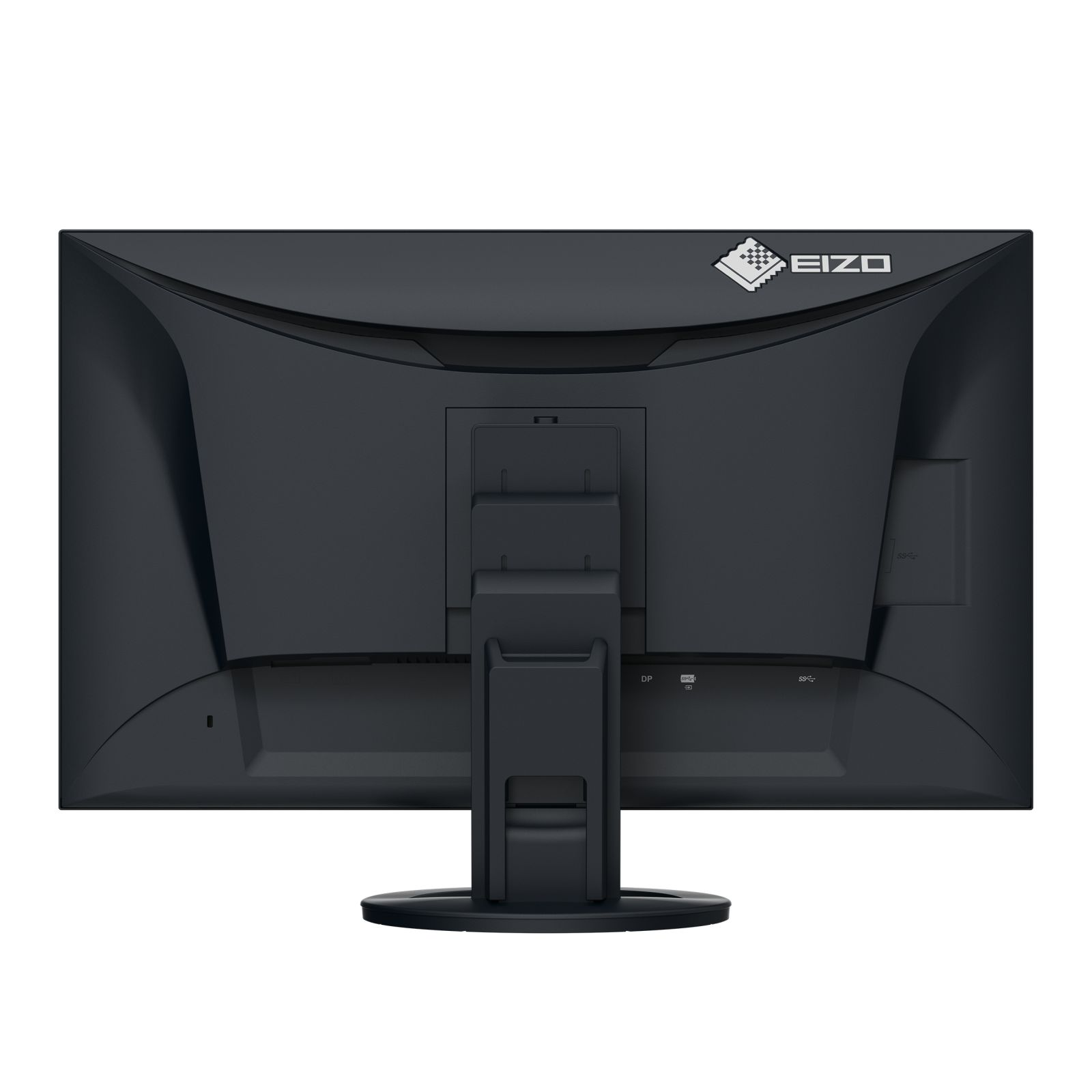 Rear view of a black computer monitor. It has a stand, ports, and the EIZO logo at the top.