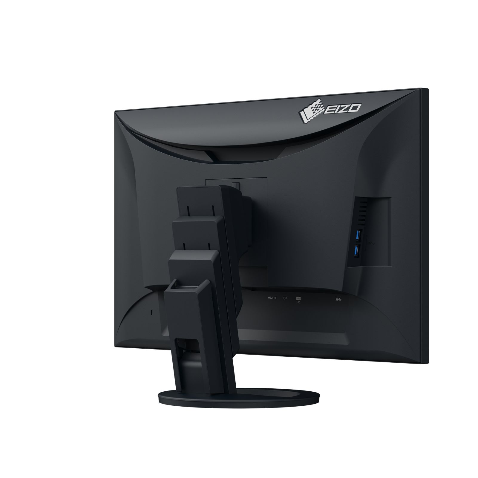 Rear view of a black EIZO monitor. It has a stand, ports, and the EIZO logo. The background is white.