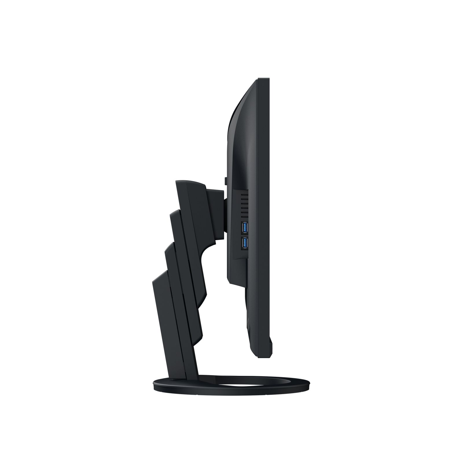 A side view of a black computer monitor. The screen is black. The stand and base are black as well.