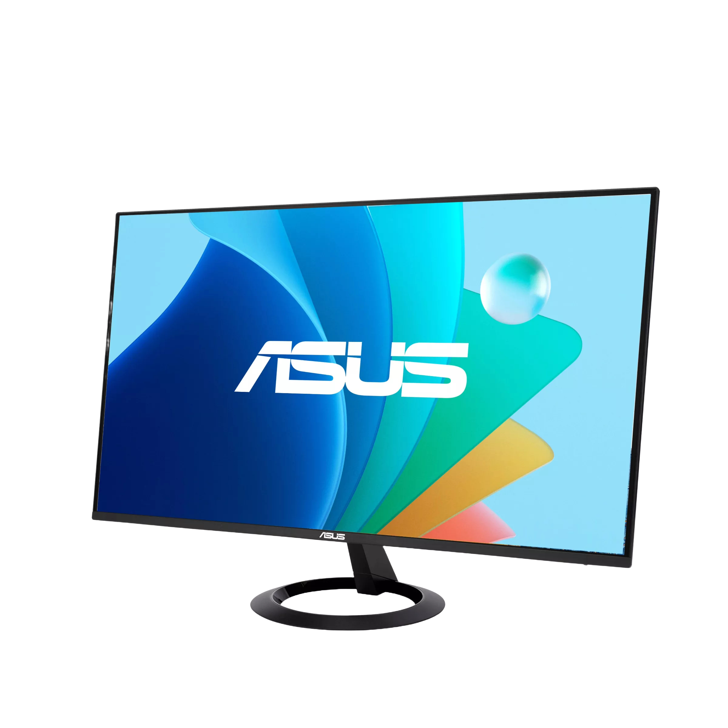 ASUS-monitor op witte achtergrond. Zwarte standaard. Scherm toont blauwe en groene golven met ASUS-logo.