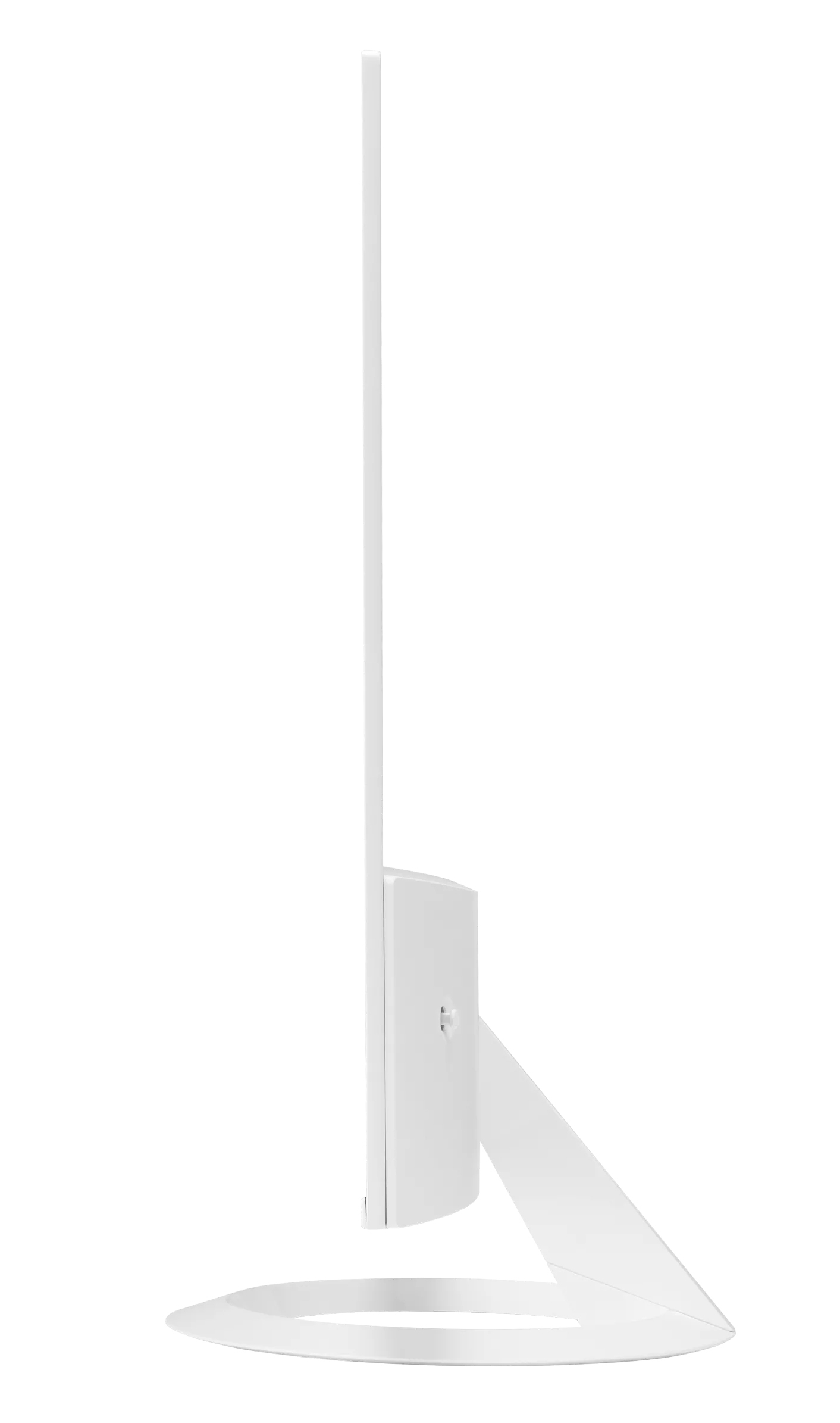 Side view of a white computer monitor. It has a thin bezel, a rectangular base, and a triangular support.