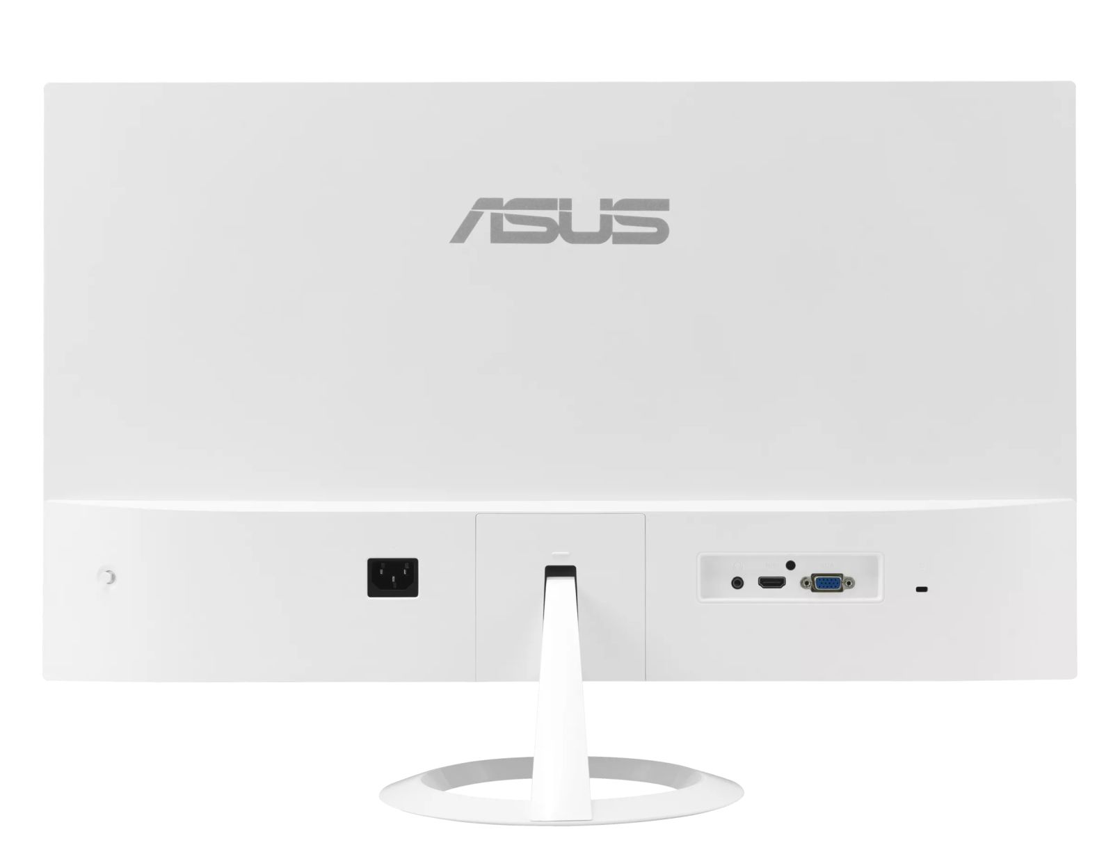 A white ASUS monitor with a stand. The back shows ports and the ASUS logo. It's a clean, modern design.