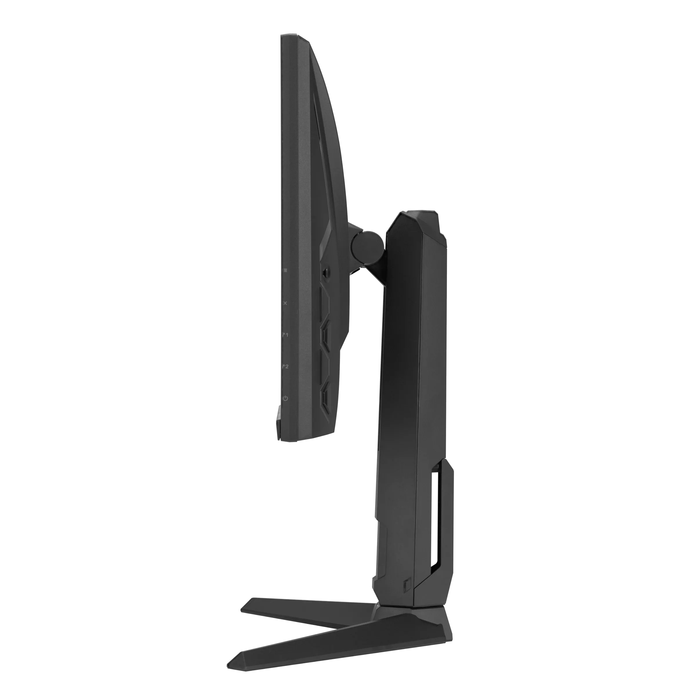 Vista laterale di un monitor del computer nero. Lo schermo è scuro. Il supporto è anch'esso nero e ha una base larga.