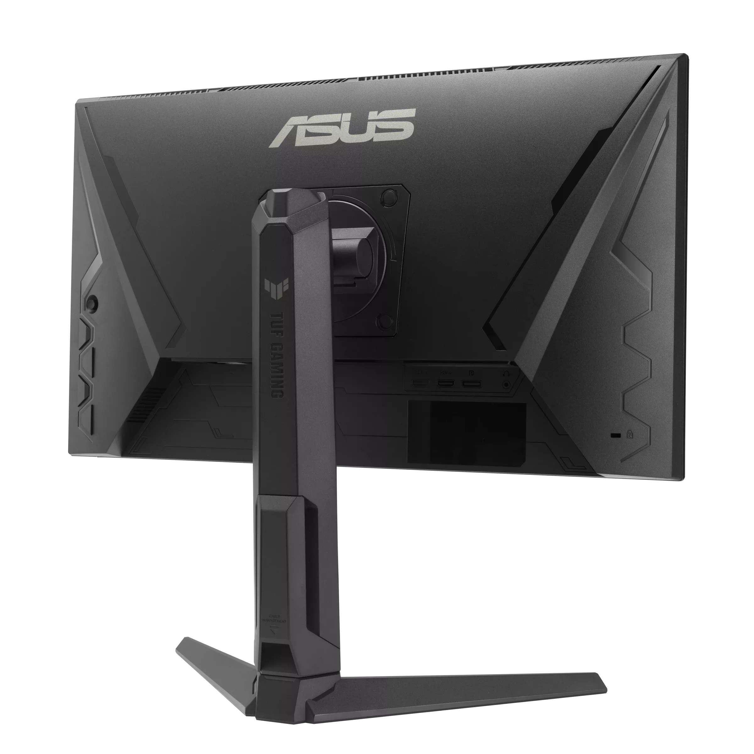 Vista posteriore di un monitor gaming ASUS nero. Ha un supporto e il logo ASUS è visibile.