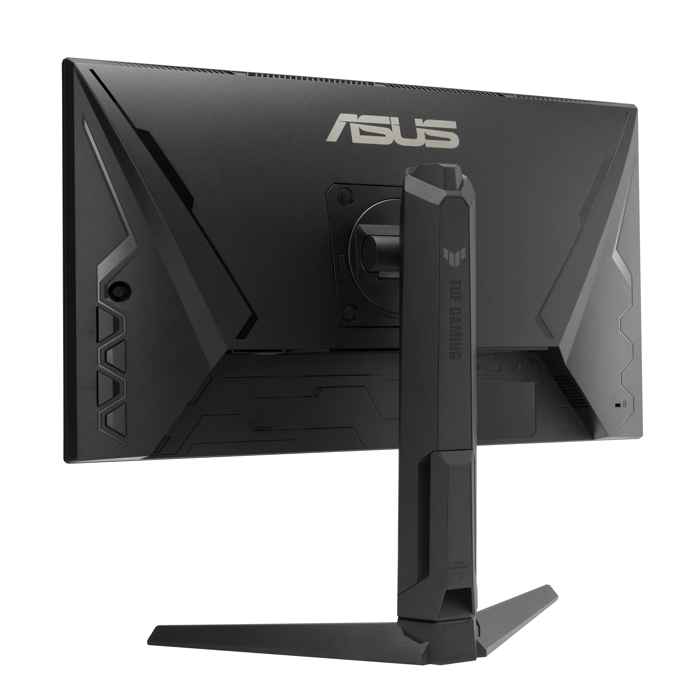 Vista posteriore di un monitor da gioco ASUS nero con supporto. Il logo ASUS è visibile. Il monitor è su sfondo bianco.