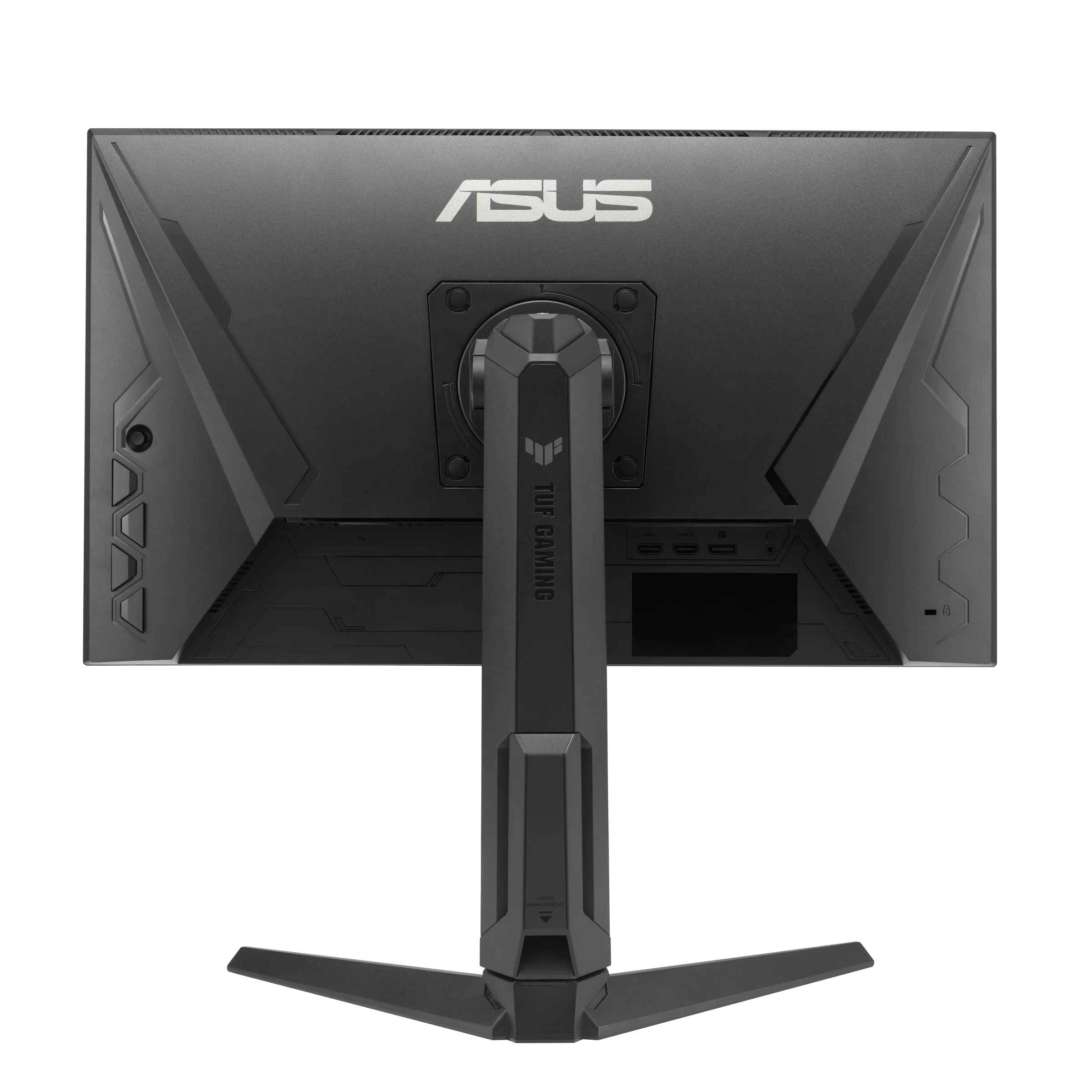 Vista posteriore di un monitor gaming ASUS nero con supporto. Il logo ASUS è visibile.