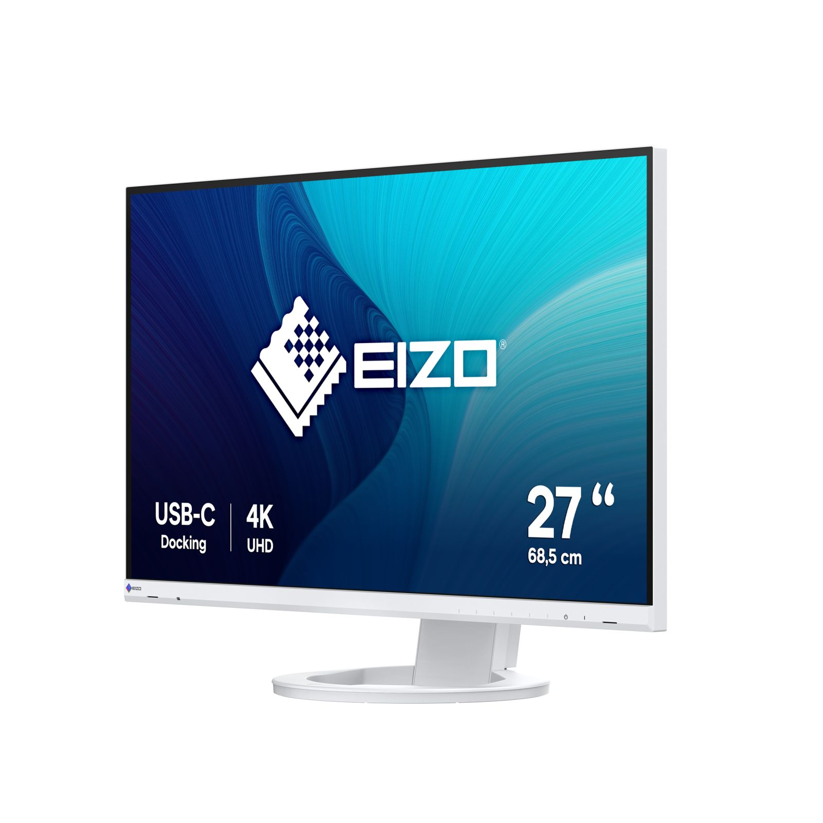 Biały monitor EIZO 27 cali z białą podstawą. Posiada USB-C i 4K UHD. Ekran wyświetla logo EIZO.