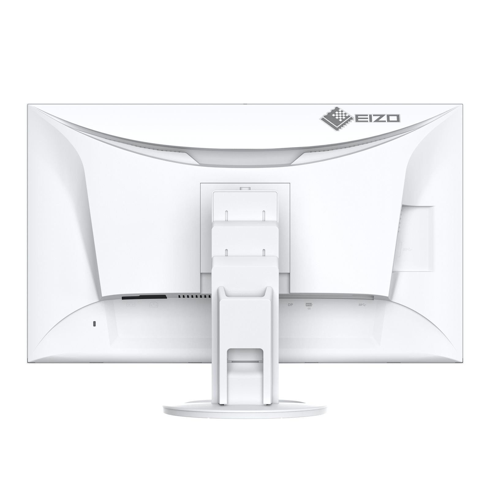 Tył białego monitora EIZO. Posiada podstawę, porty i logo EIZO. Design jest czysty i minimalistyczny.