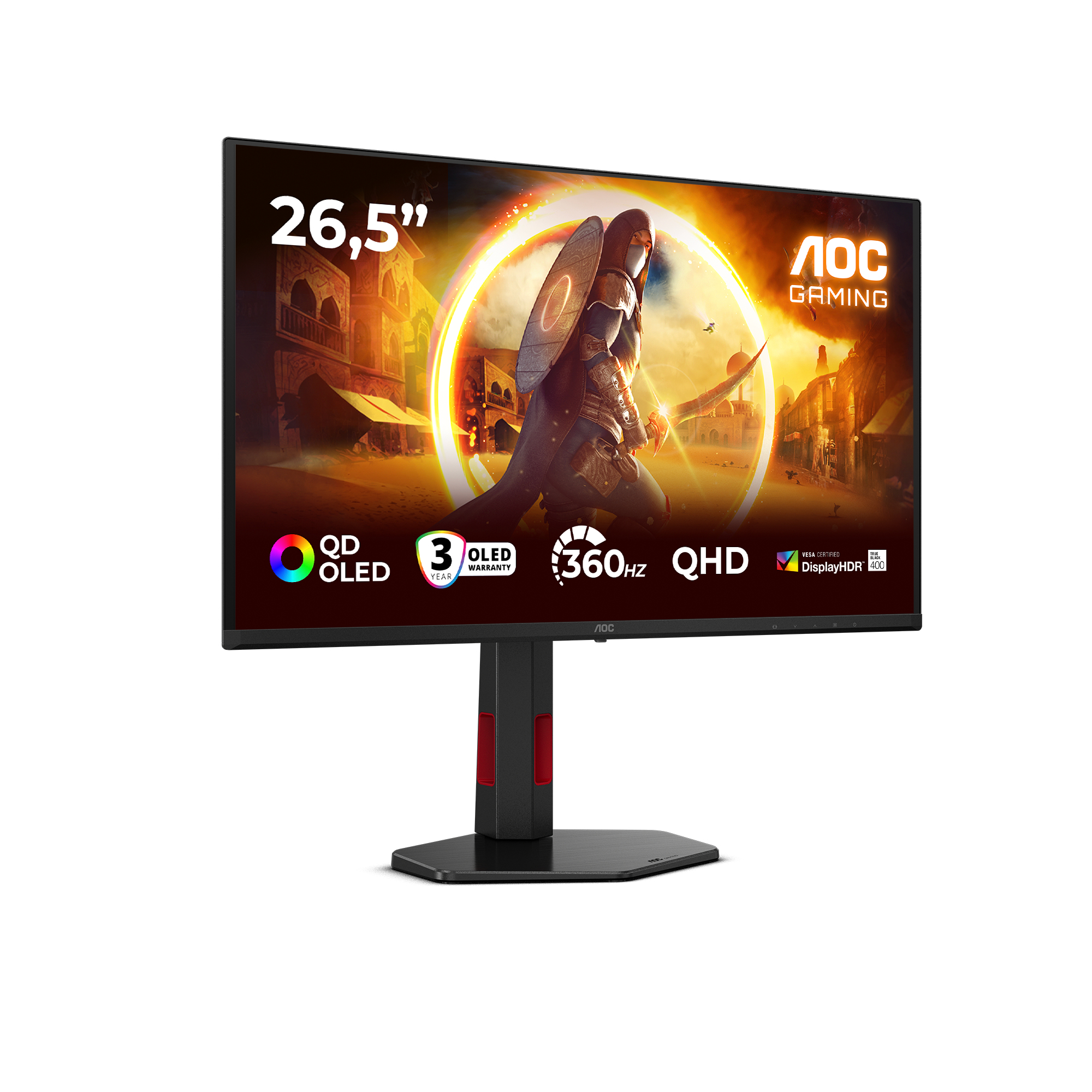 AOC gaming monitor. It features a 26.5" screen, QD OLED, 360Hz, QHD, and DisplayHDR 400. A warrior is on the screen.
