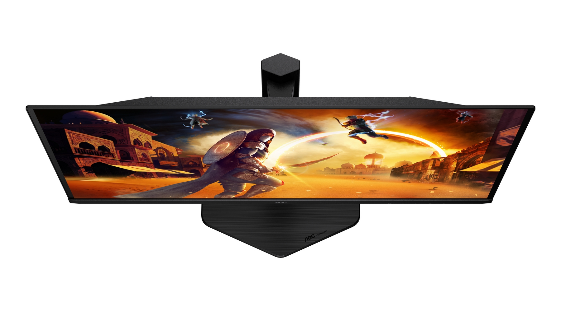 Monitor displays a desert scene with a warrior and archers. The monitor is black with an attached stand, AOC Gaming logo.