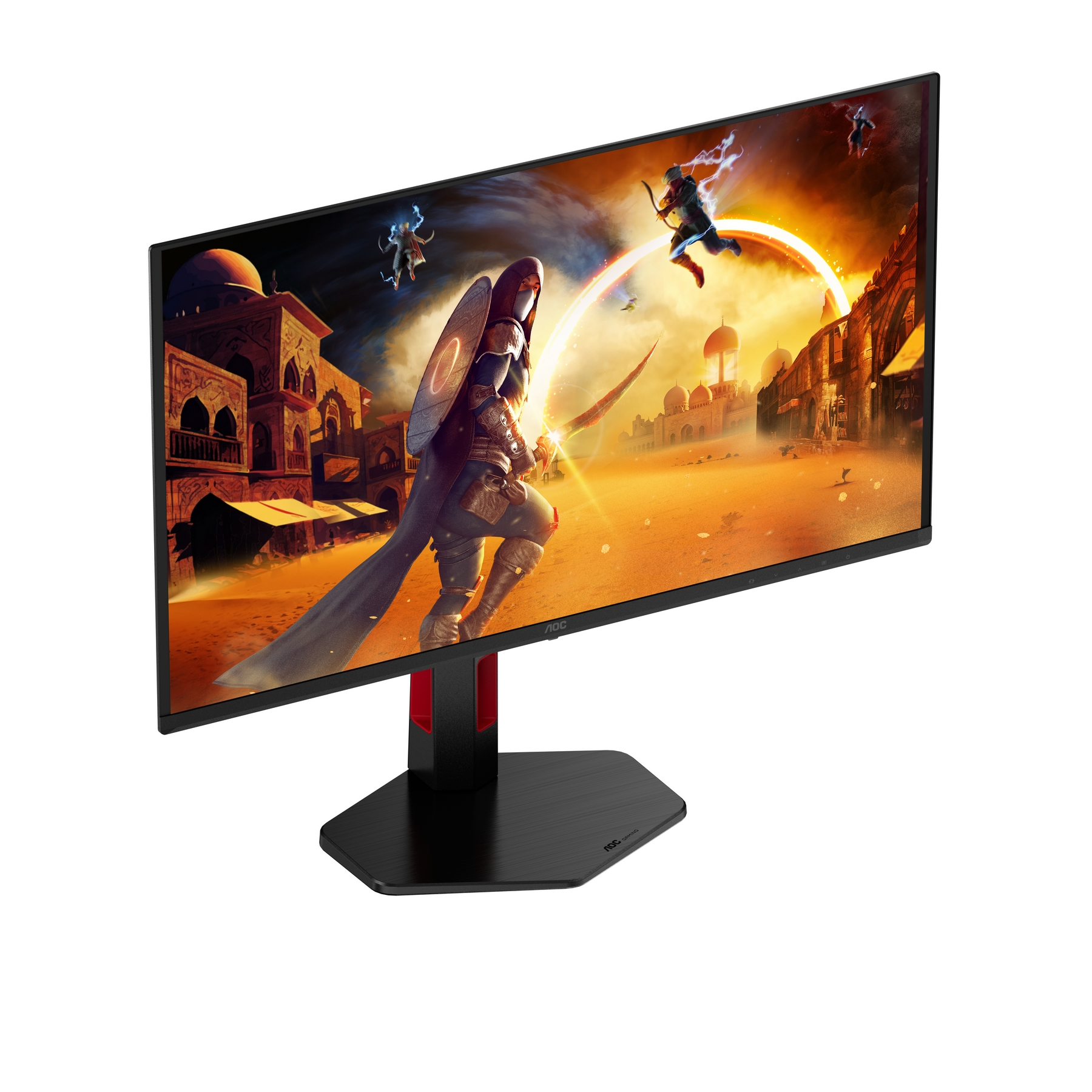 AOC monitor displaying a desert scene with figures in action. Monitor has a black base and red accents.