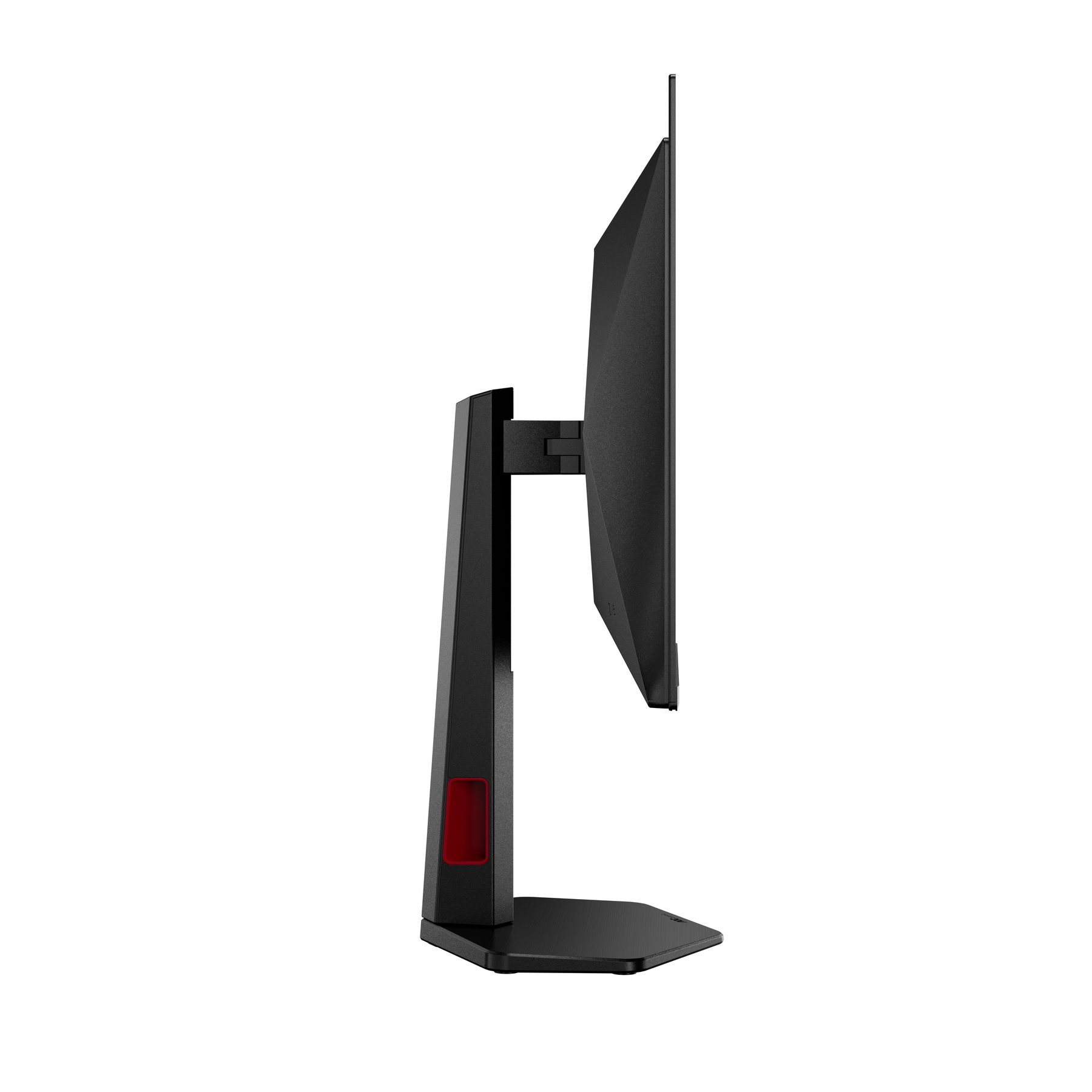 Side view of a black computer monitor. The screen is dark. The stand is black with a red accent.
