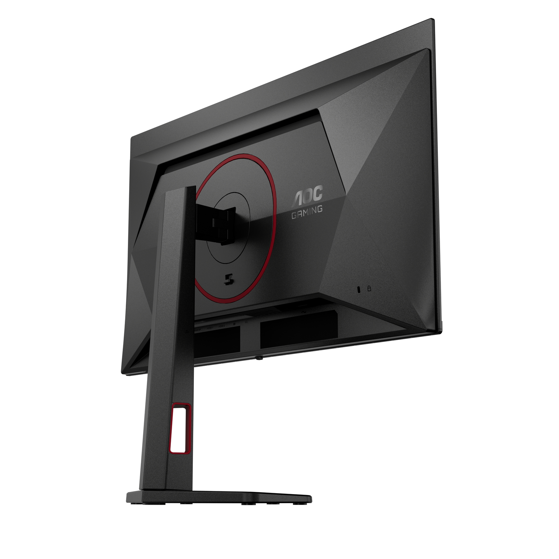 Black AOC gaming monitor rear view. Red accents on the stand and back. The AOC logo is visible.