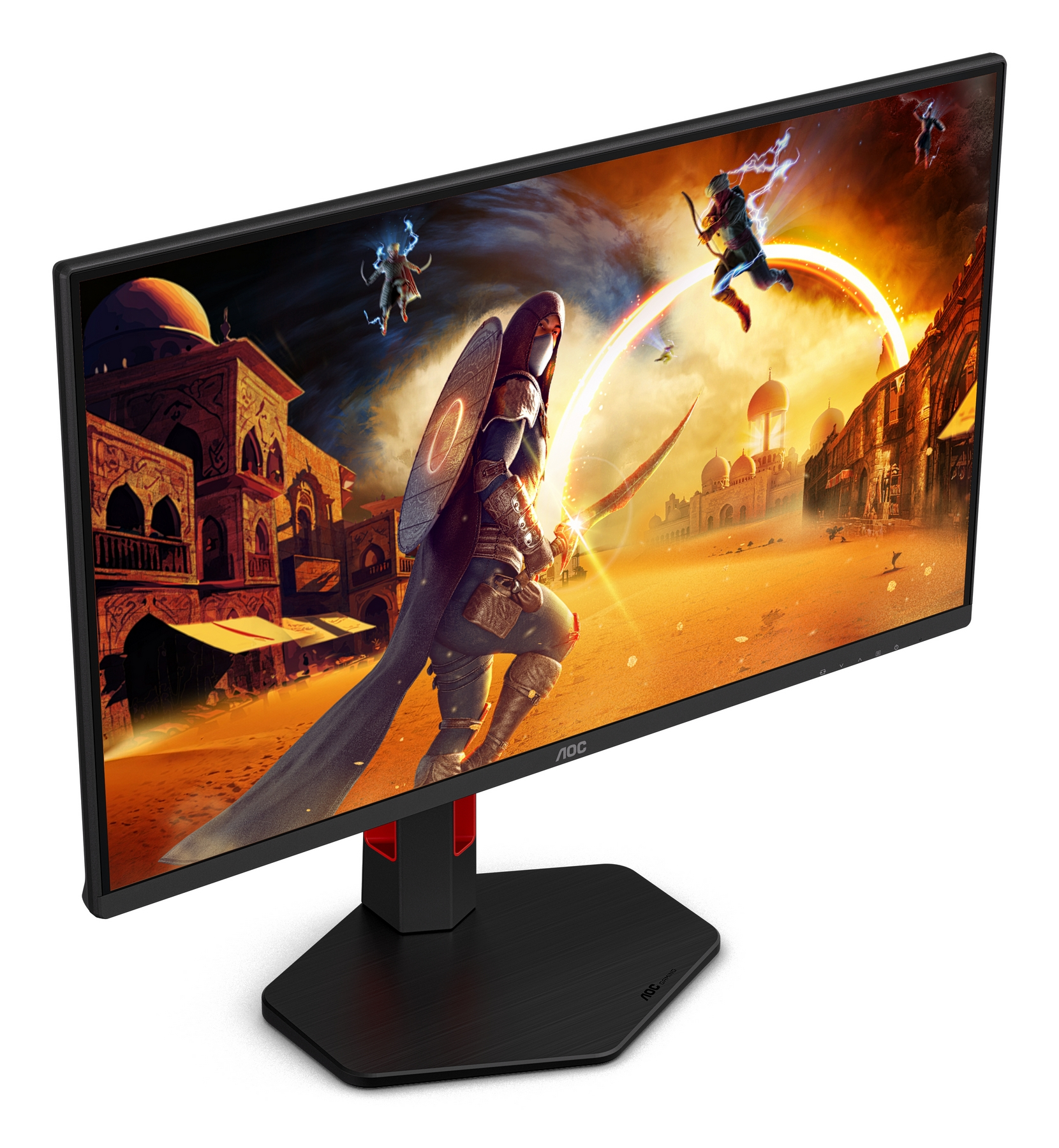 AOC gaming monitor displays a fantasy scene with warriors and buildings. A warrior with a shield and sword is in the foreground.