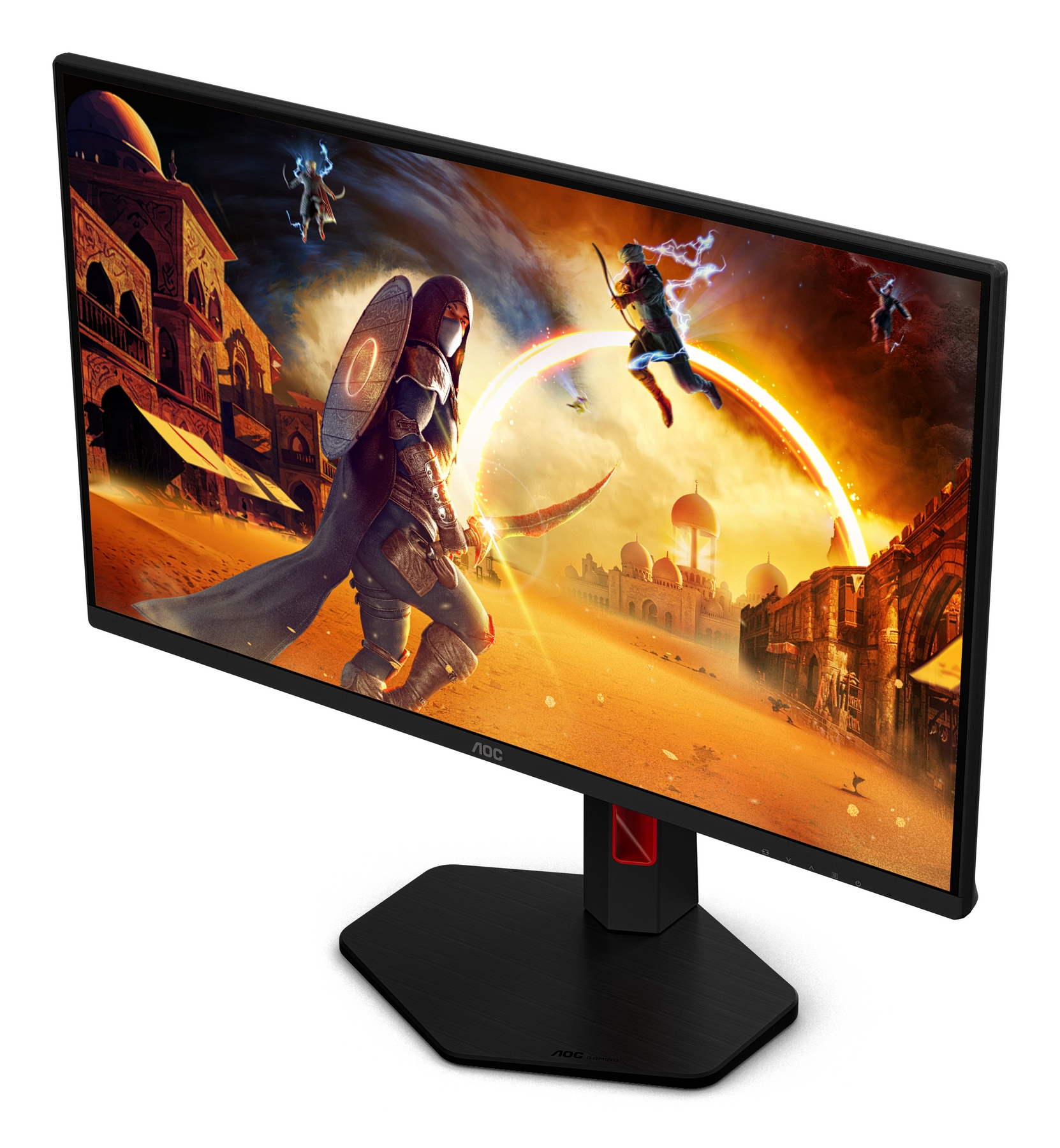 AOC monitor displaying a fantasy game scene with warriors, buildings, and a desert landscape.