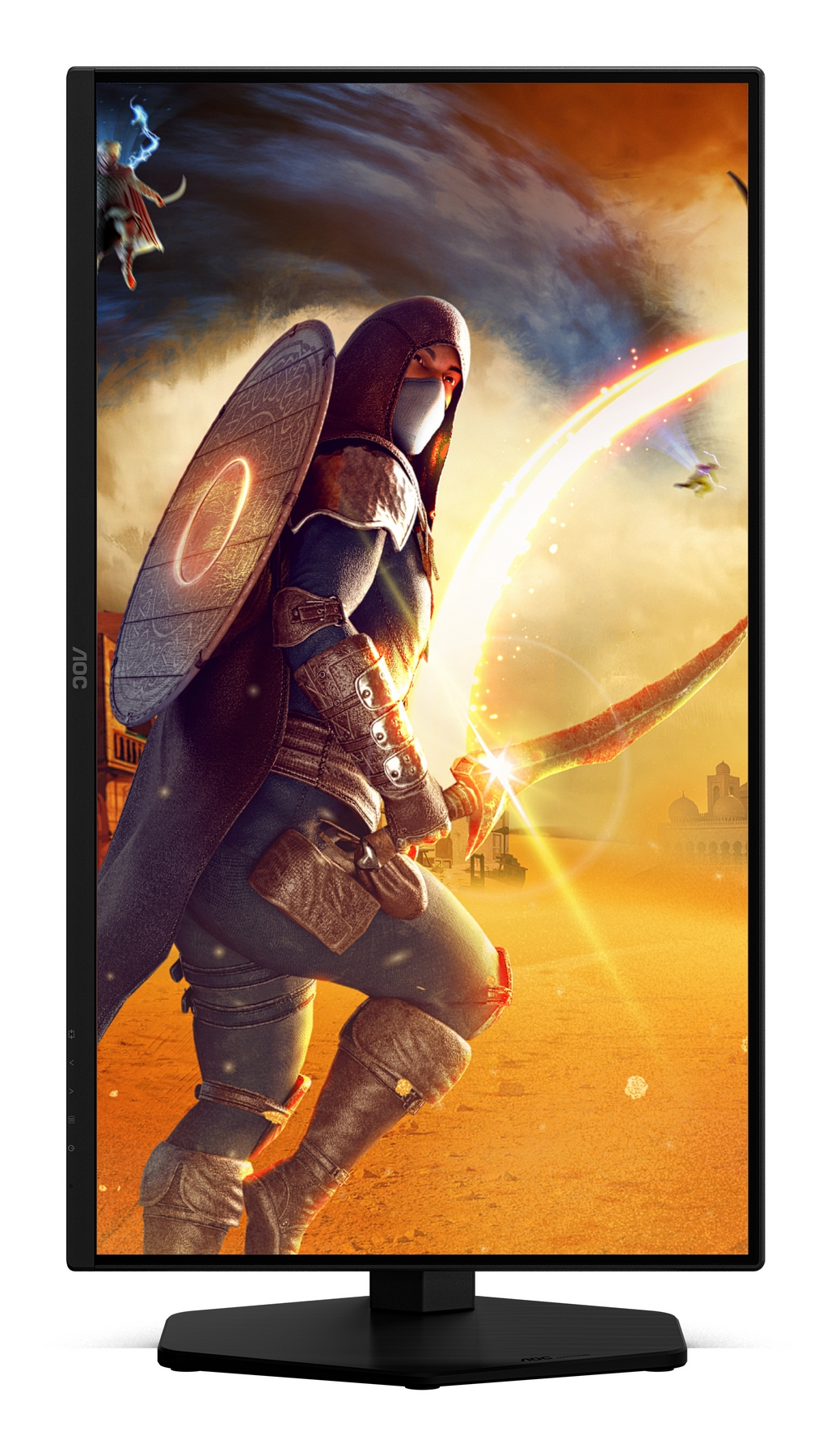 A warrior with a sword and shield stands in a desert landscape. The monitor shows a fantasy scene with a bright light.
