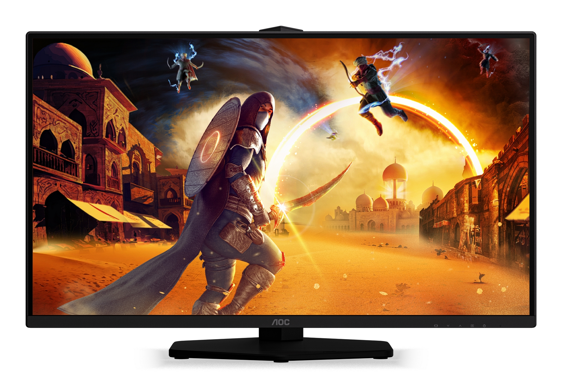 AOC monitor displays a desert scene with an assassin, archers, and a city. Lightning, a glowing portal, and buildings are visible.