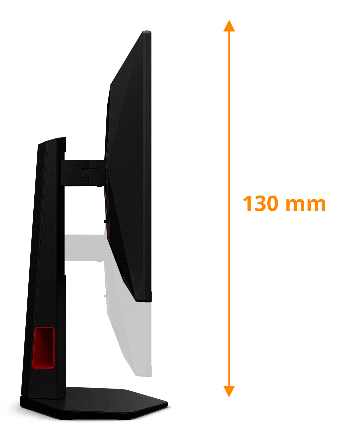 Side view of a black computer monitor. It has a red accent and is 130 mm tall. An orange arrow indicates the height.