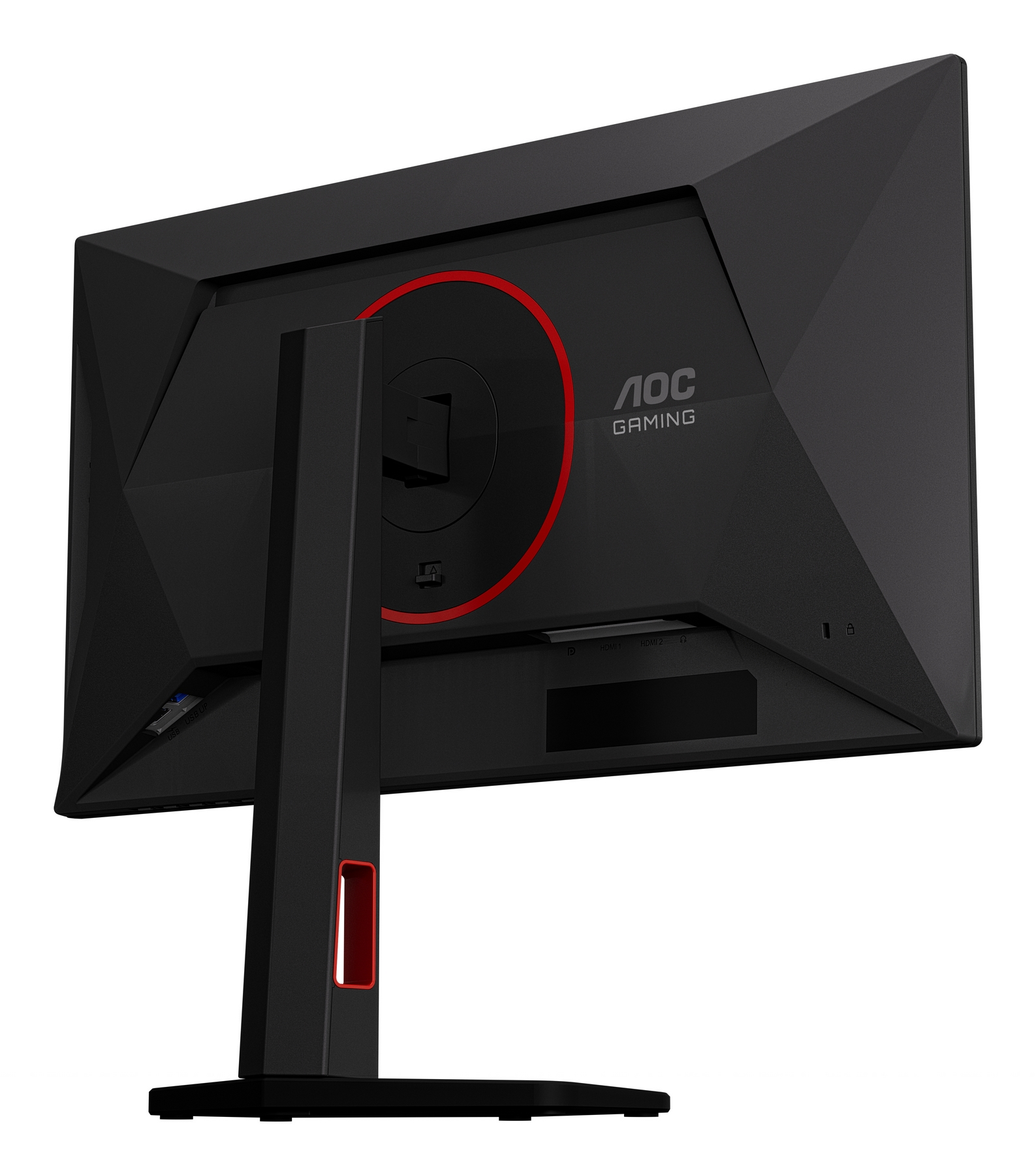 Rückansicht eines schwarzen AOC-Gaming-Monitors. Er hat einen roten Ring um eine zentrale Komponente und Branding auf der Rückseite.