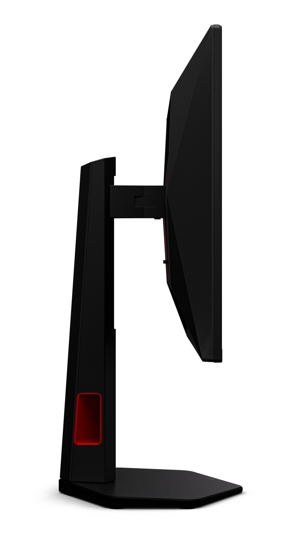 A side view of a black computer monitor. It has a red accent on the stand and a black base.
