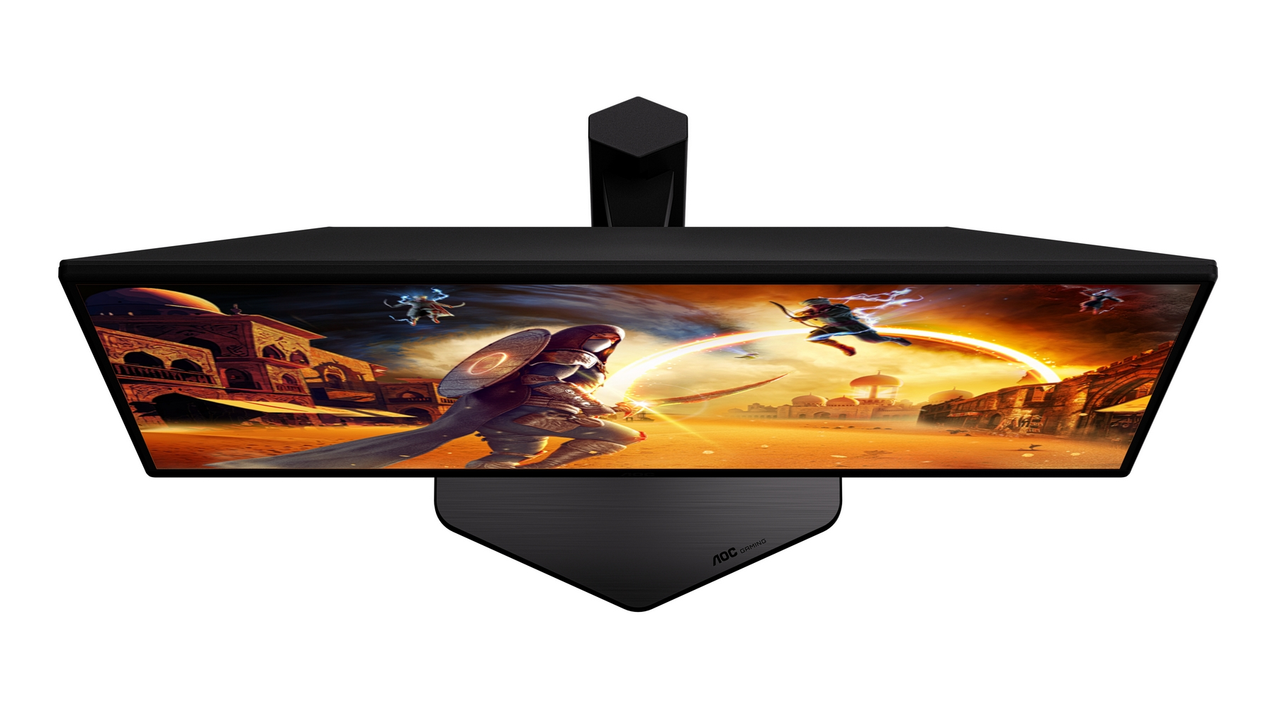 Black gaming monitor displaying a fantasy scene. A warrior with sword and shield stands against a desert city backdrop.