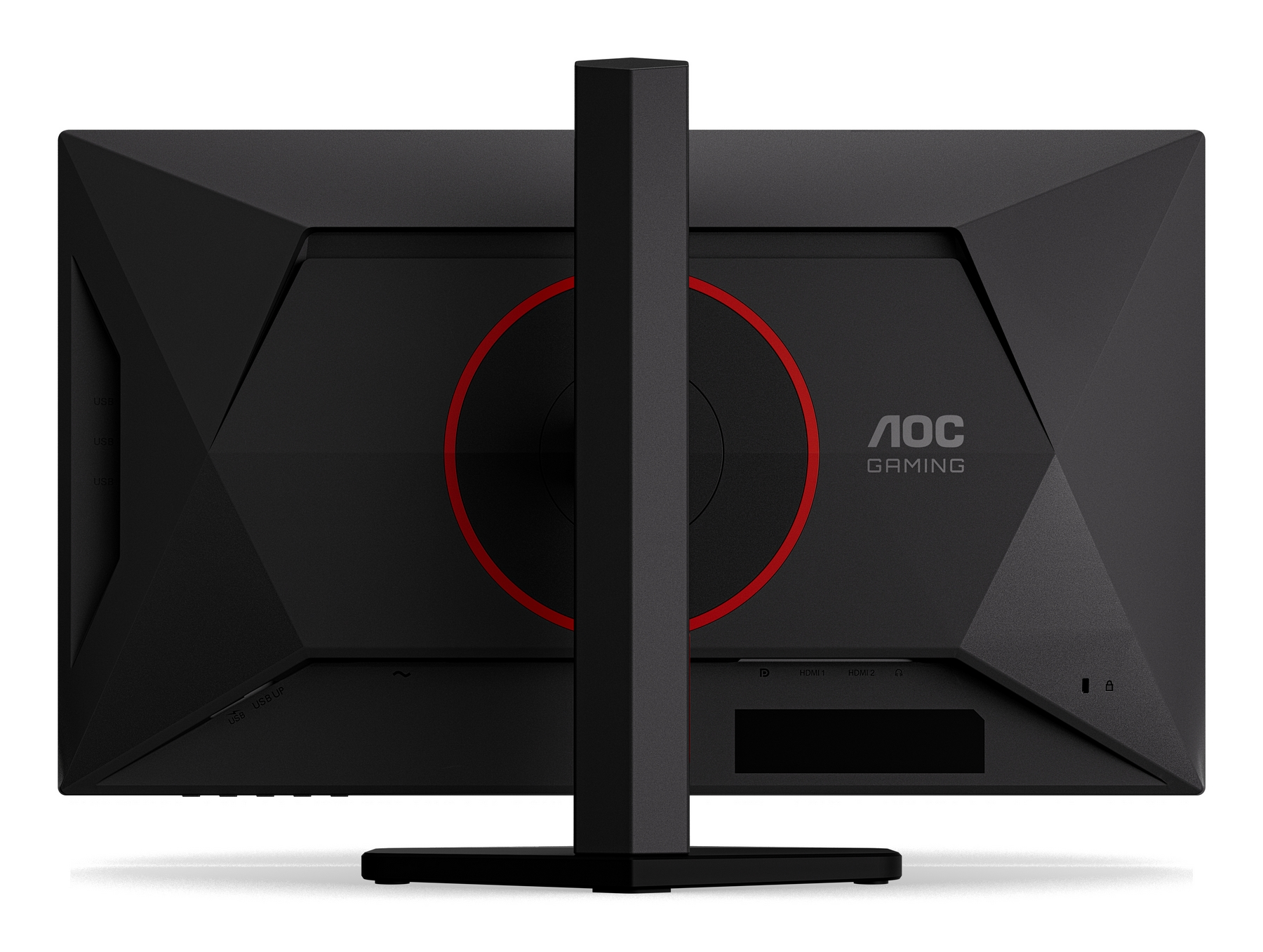 Vista trasera del monitor gaming AOC negro. Diseño de círculo rojo, soporte negro. Puertos y logotipo visibles. Puertos USB a la izquierda.
