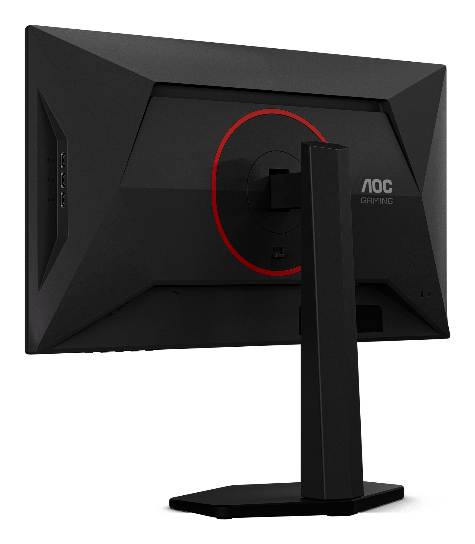 Zwart AOC gaming monitor achteraanzicht. Rode ring detail, USB-poorten. Standaard en basis zijn ook zwart.