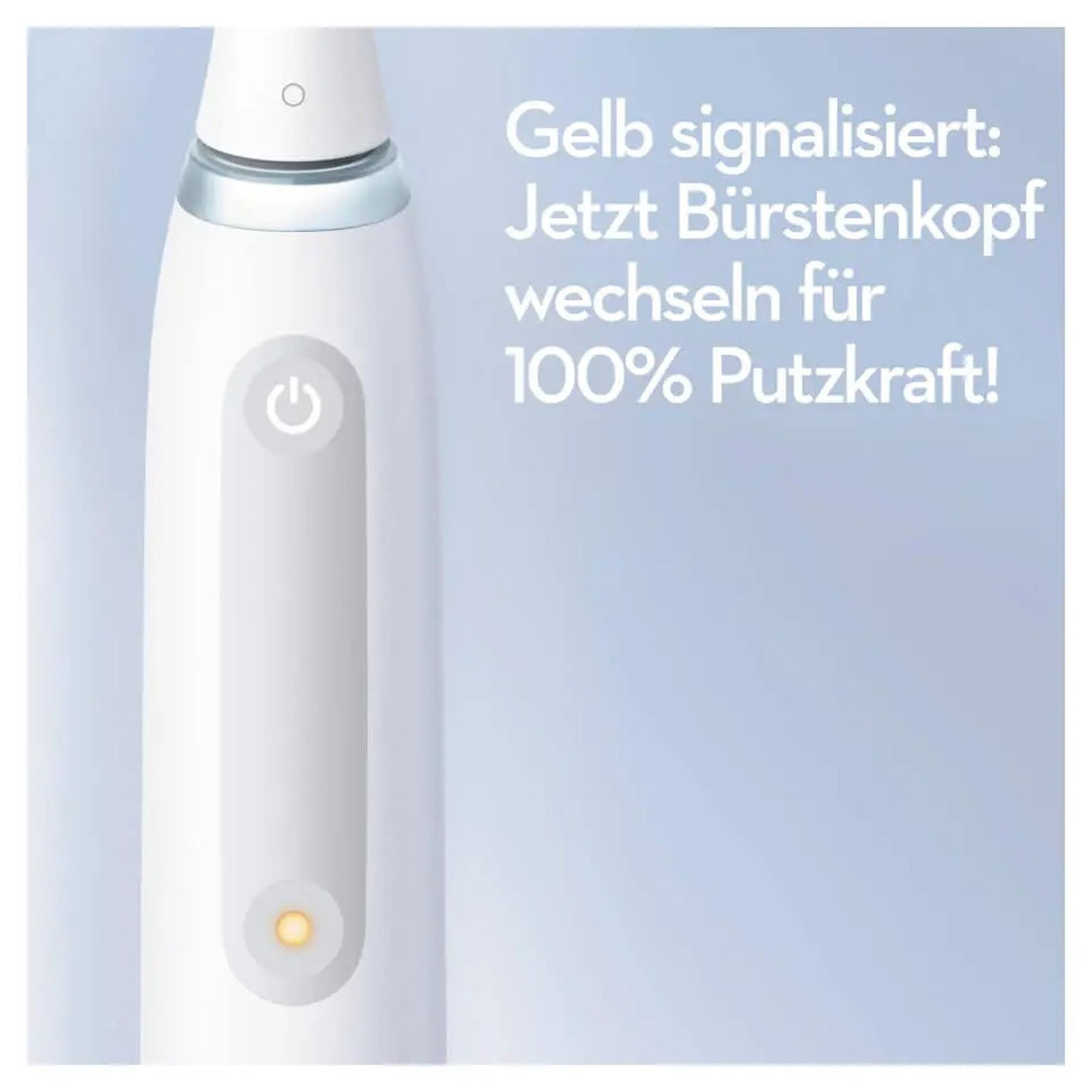 Weiße elektrische Zahnbürste mit gelber Leuchtanzeige und deutschem Text zum Austausch des Bürstenkopfes.