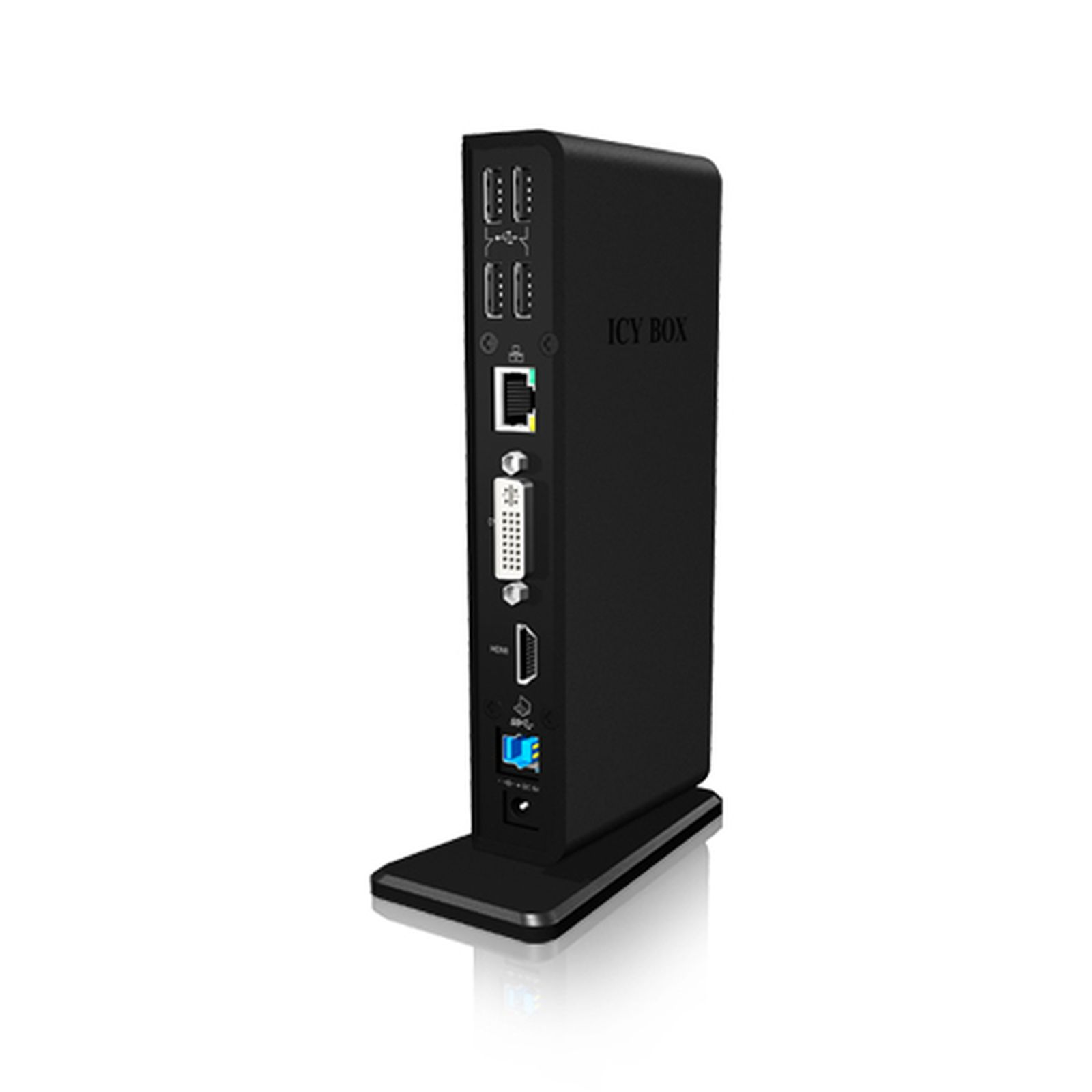 Appareil Icy Box noir avec ports. Il se tient verticalement sur une base noire.