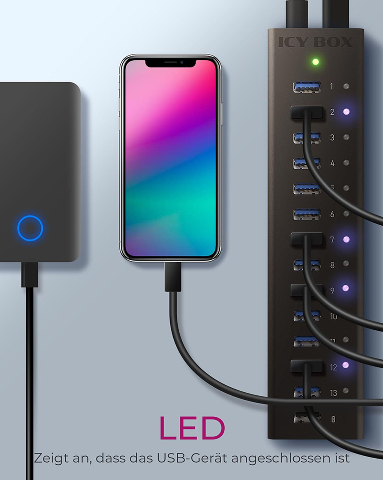 Ein Telefon, das mit einem USB-Hub verbunden ist, eine Powerbank. Der Hub hat 13 USB-Anschlüsse, einige mit leuchtenden Lichtern.