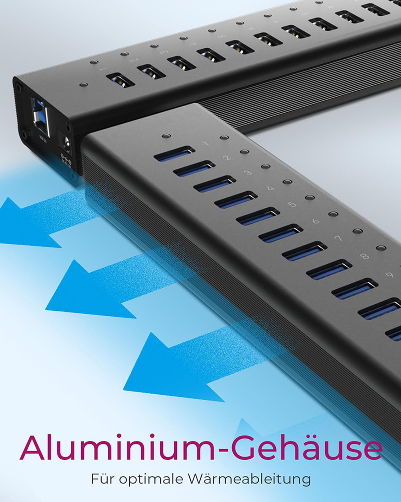 Zwei schwarze USB-Hubs mit blauen Anschlüssen werden gezeigt. Blaue Pfeile zeigen den Luftstrom an. Unten steht 'Aluminiumgehäuse'.