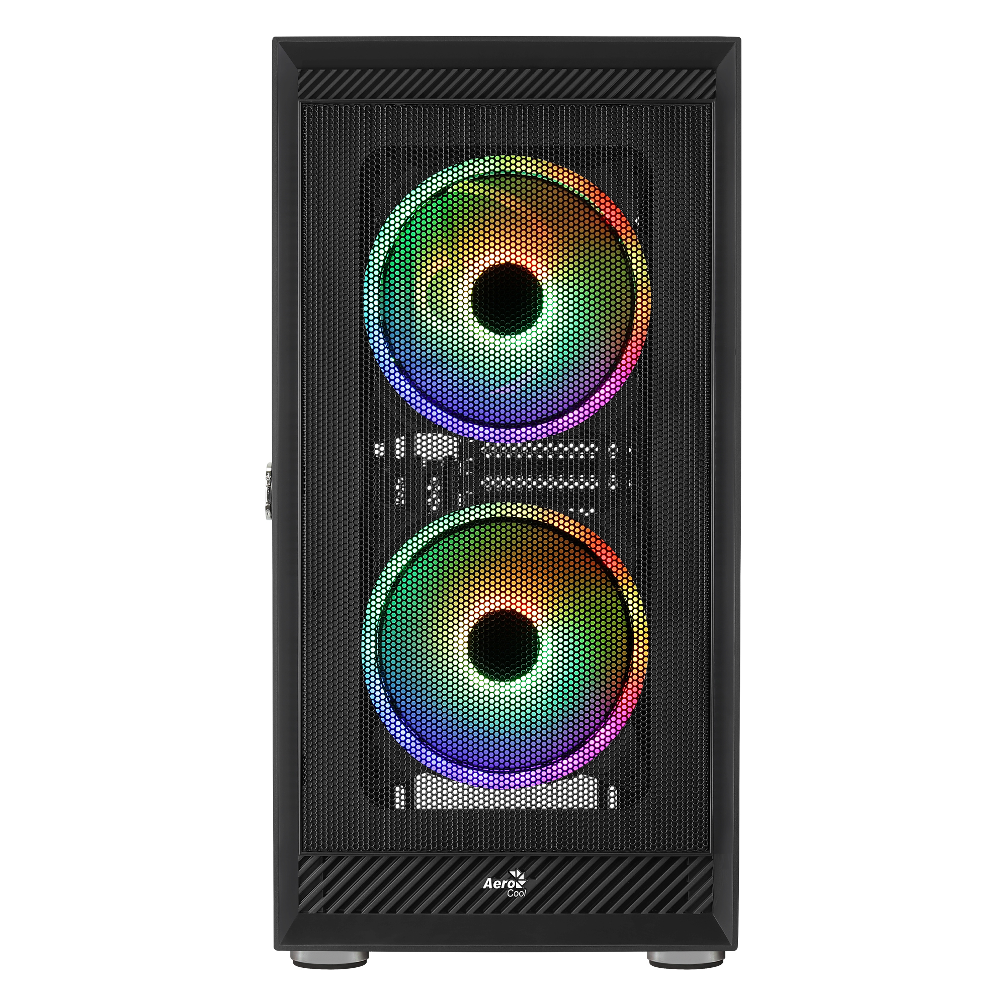 Black computer case with two illuminated fans. Fans have rainbow-colored lights. AeroCool logo at the bottom.