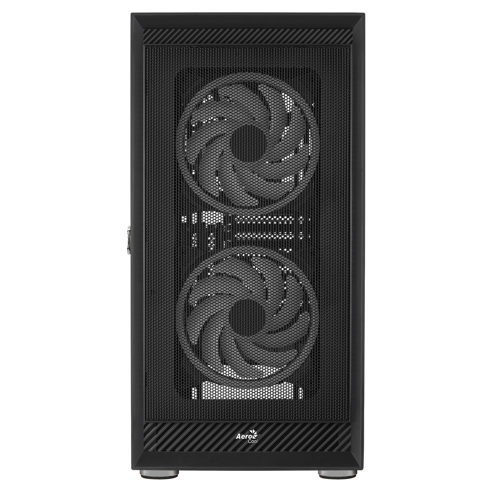 Black computer case with two visible fans behind a mesh front. The AeroCool logo is at the bottom.