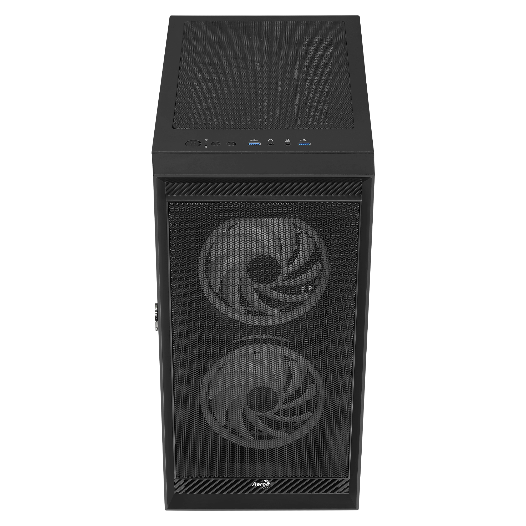 Black computer case. It has a mesh front with two fans visible. Top has ports and a mesh panel.