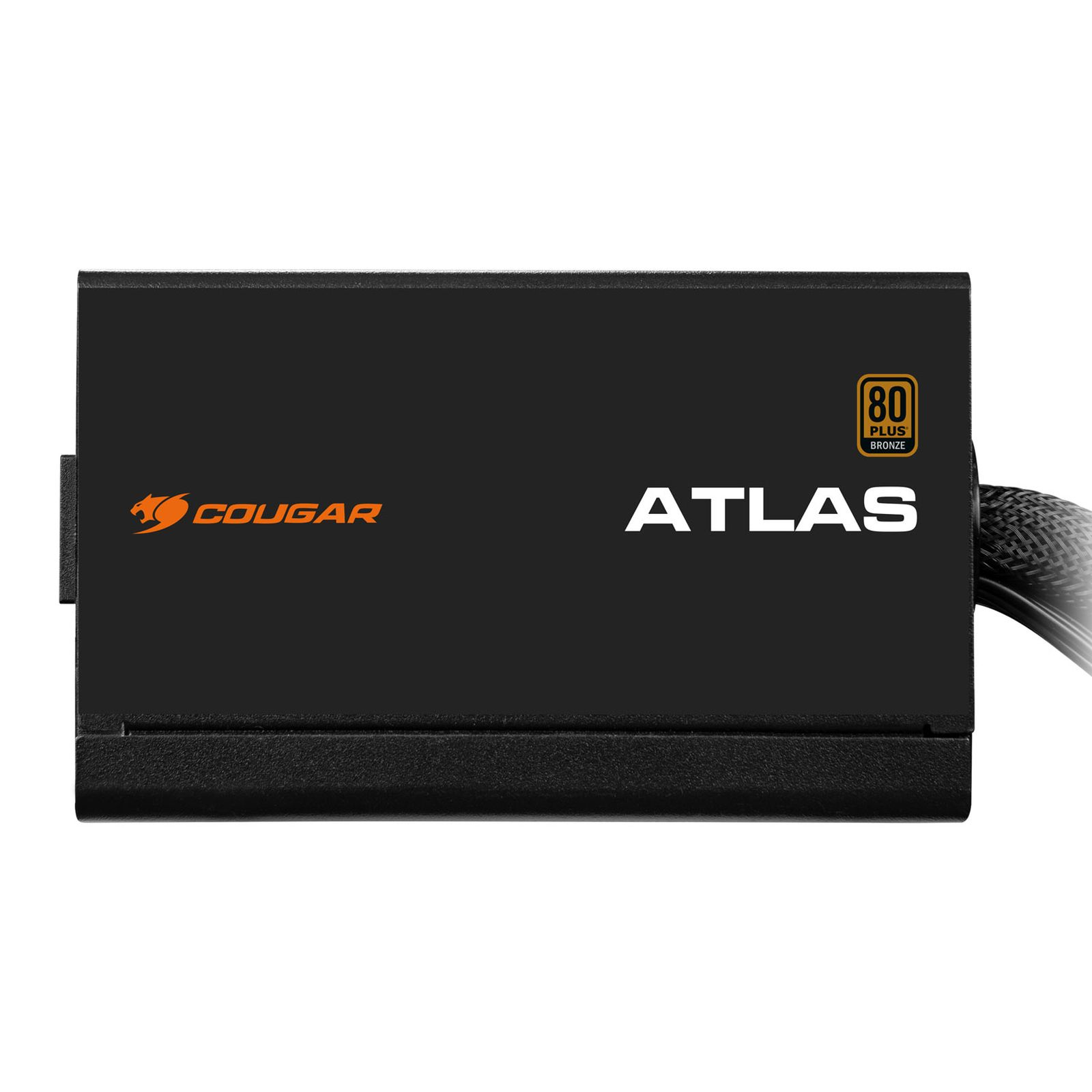 Alimentatore Cougar Atlas nero. Il testo bianco dice ATLAS. Ha un logo 80 Plus Bronze e il logo Cougar.