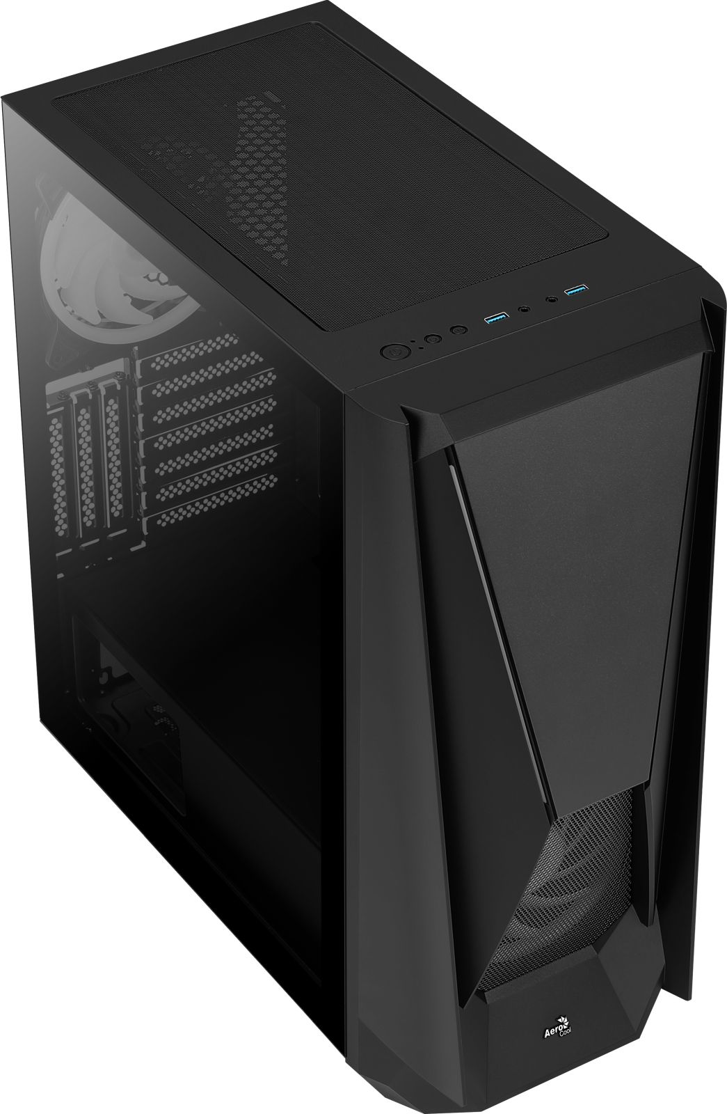 Boîtier d'ordinateur noir. Il possède un panneau latéral transparent, un dessus et une façade en mesh, et plusieurs ports.