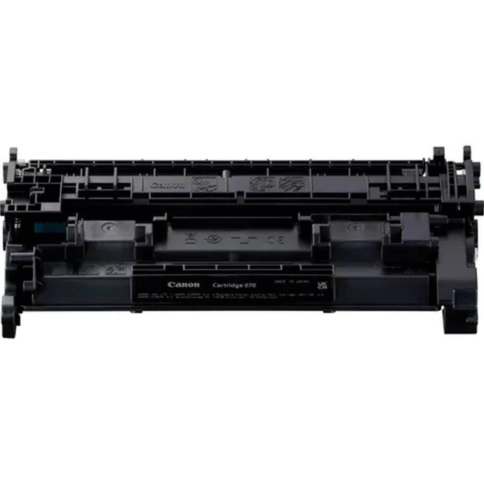 Una cartuccia Canon 070, in plastica nera, è isolata. Canon è sul davanti. Ha una forma complessa con più componenti.
