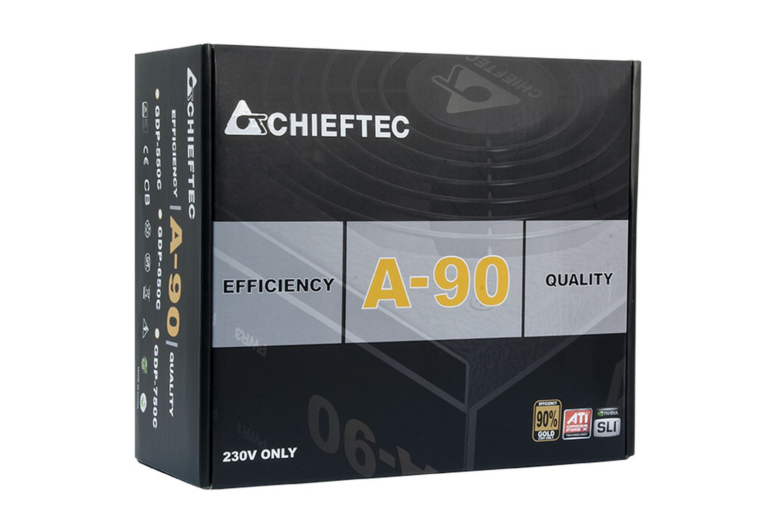 Una scatola di alimentazione Chieftec A-90. È nera con testo bianco e giallo. Mostra efficienza, qualità e solo 230V.